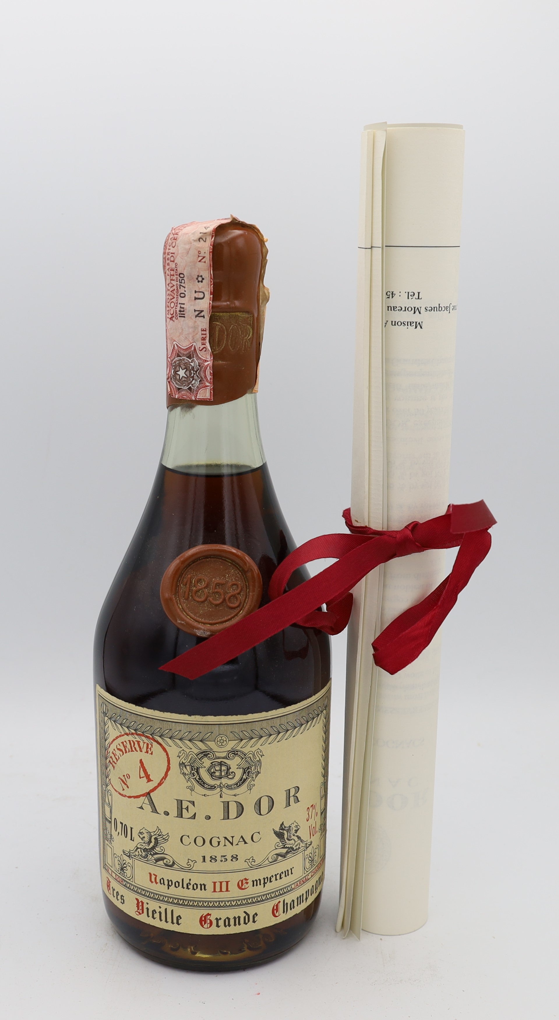 A.E. Dor 1858 Napoleon Empereur III Très Vieille Grande Champagne – rare vintage French cognac with certificate, collectible bottle for connoisseurs