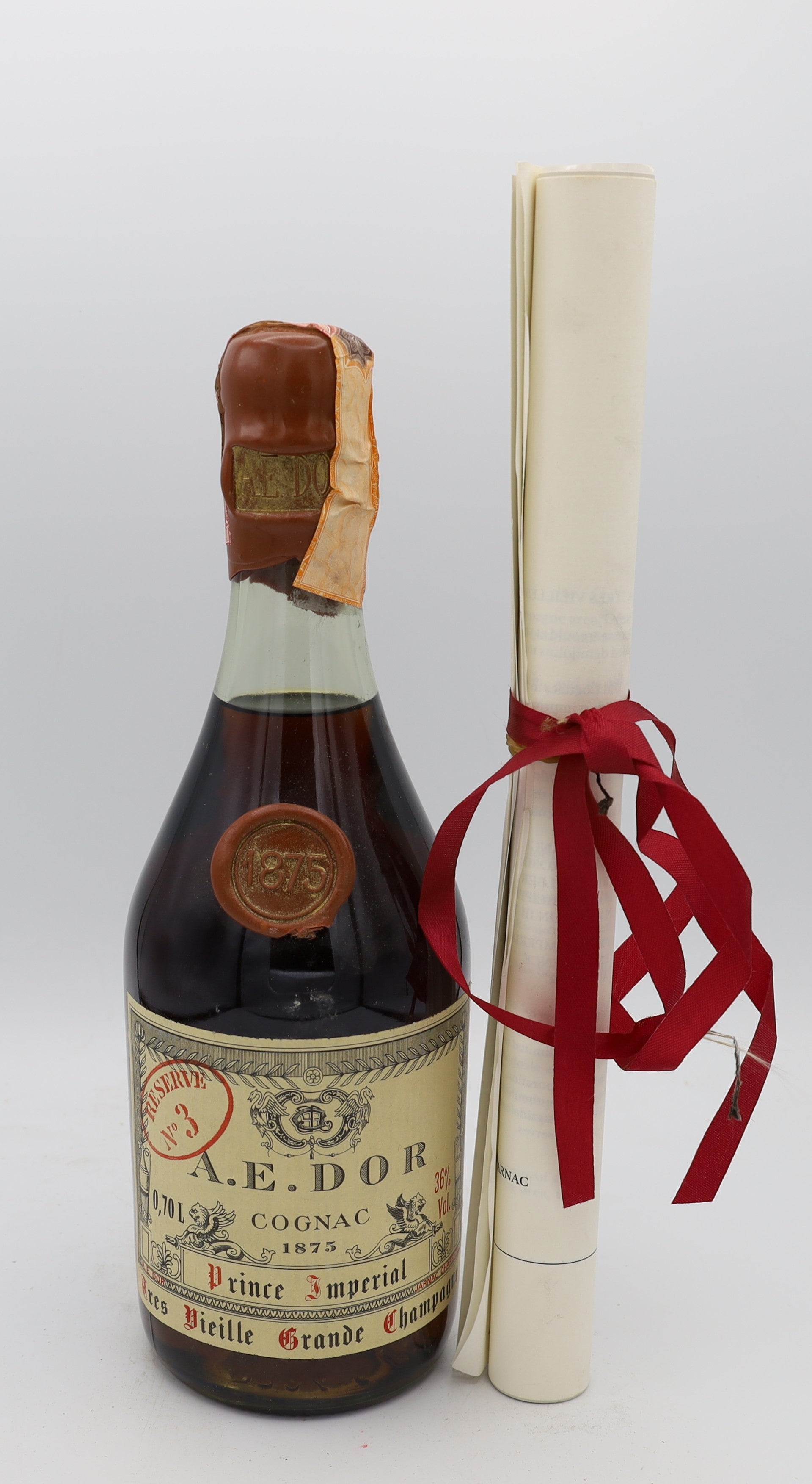A.E. Dor 1875 Cognac Prince Impérial Très Vieille Grande Champagne No.3 – rare vintage French cognac with certificate, collectible bottle for connoisseurs