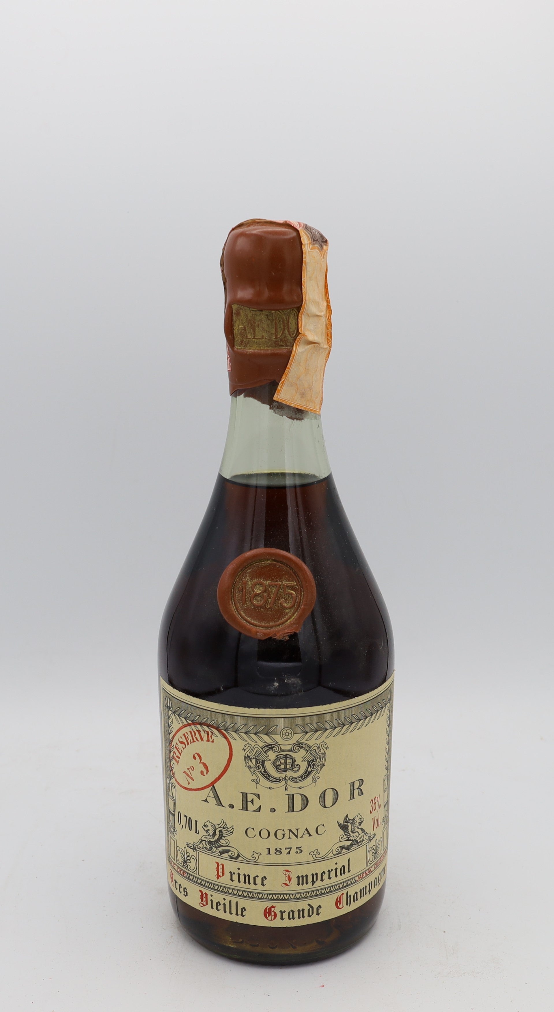A.E. Dor 1875 Cognac Prince Impérial Très Vieille Grande Champagne No.3 – rare vintage French cognac with certificate, collectible bottle for connoisseurs