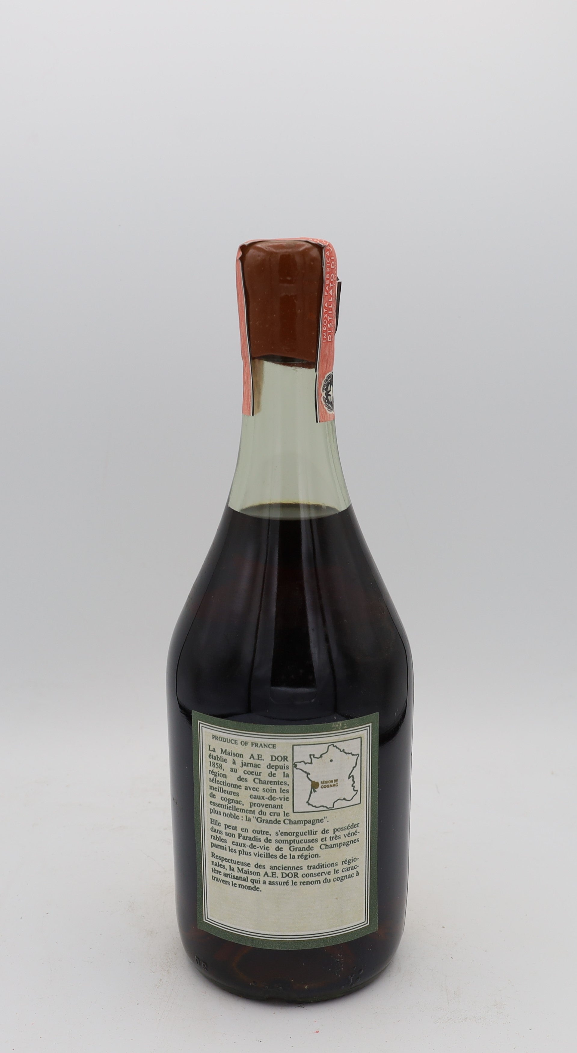 A.E. Dor 1893 No.1 Âge d’Or Cognac Très Vieille Grande Champagne – rear view of rare premium French cognac bottle, collectible edition