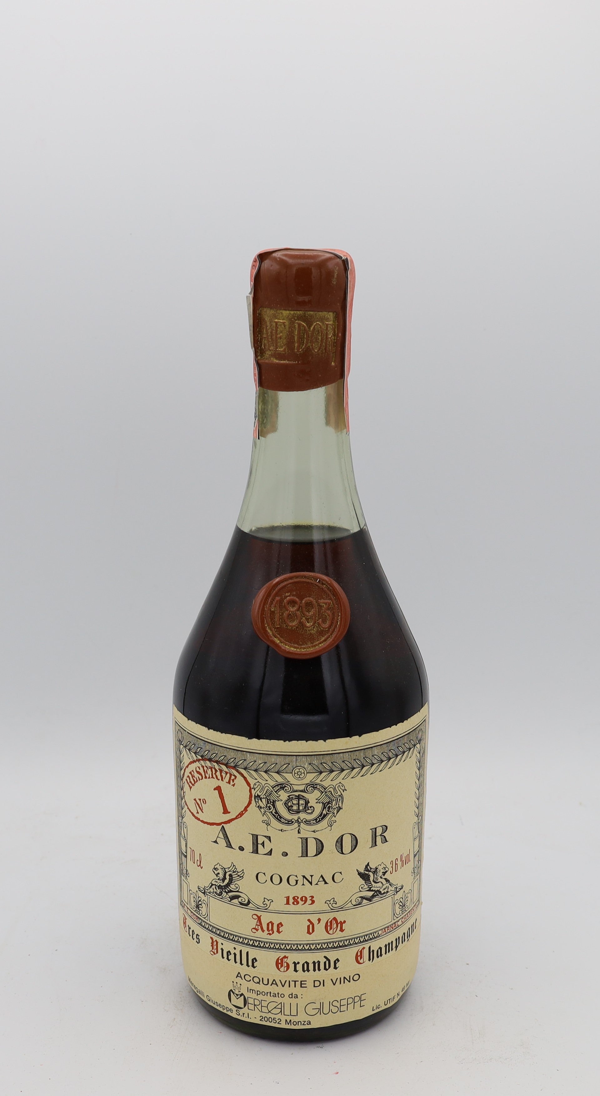 A.E. Dor 1893 No.1 Âge d’Or Cognac Très Vieille Grande Champagne – rear view of rare premium French cognac bottle, collectible edition