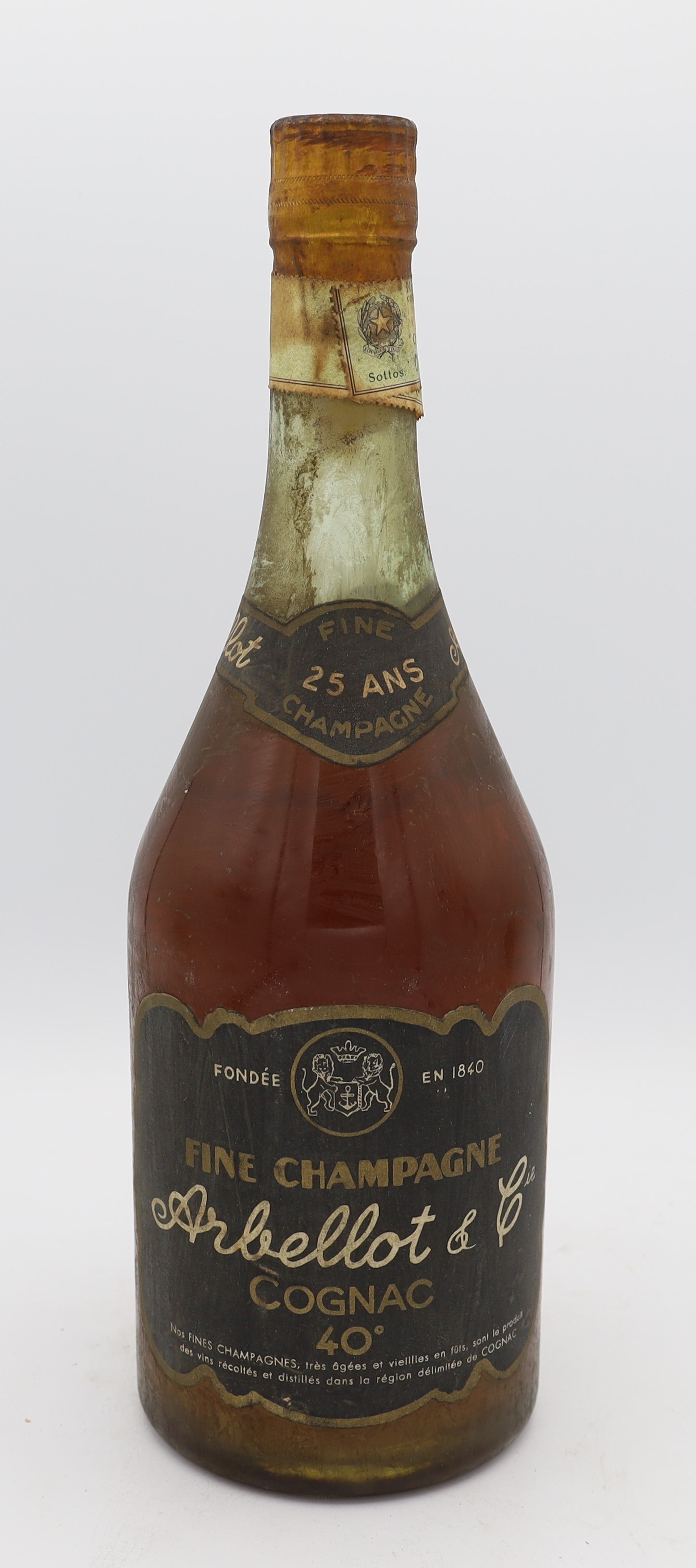 Arbellot Fine Champagne Cognac – 25 years old, premium French brandy with rich amber color, complex aroma and smooth, refined flavors.