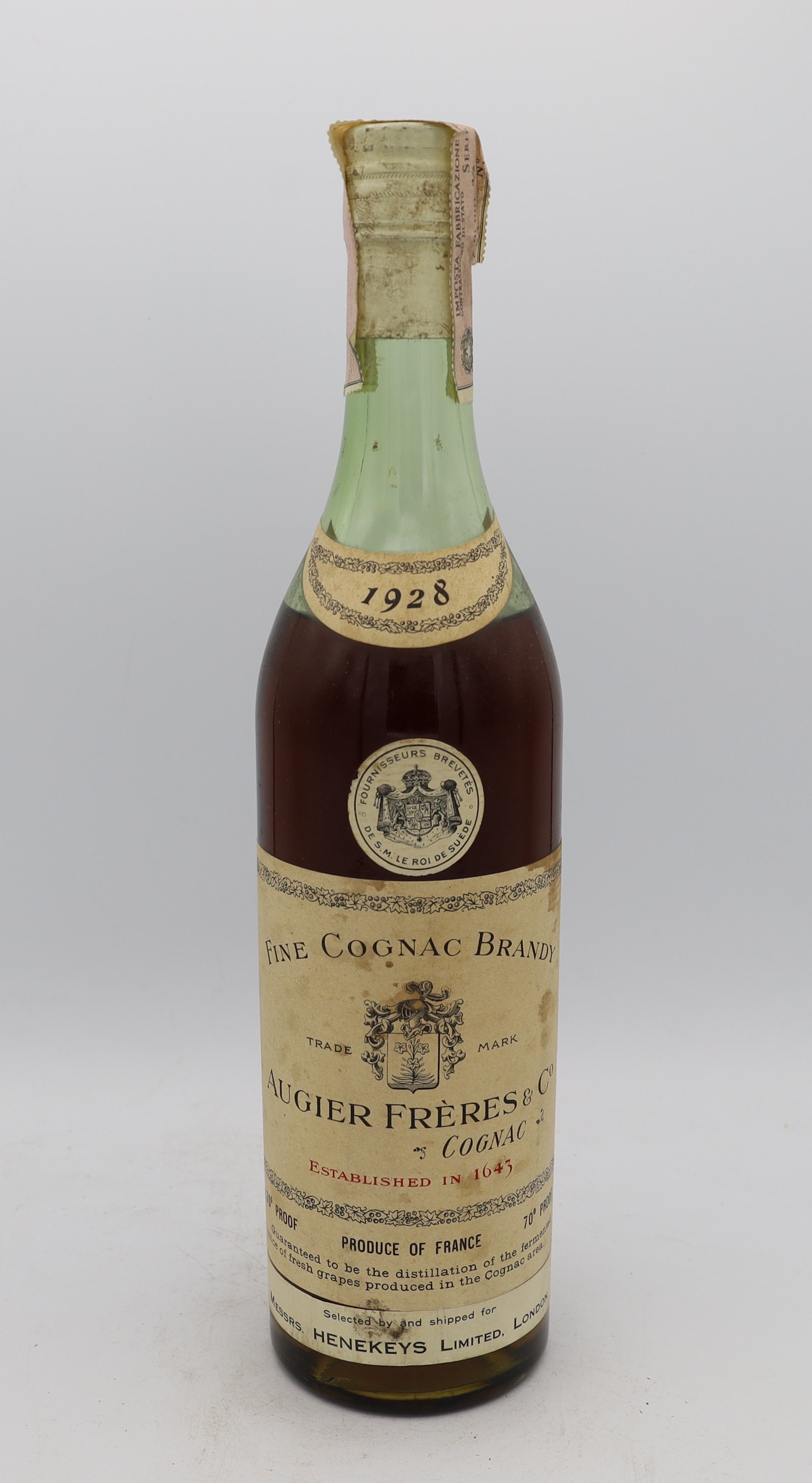 Augier Frères Fine Cognac Brandy Vintage 1928 – rare historic French cognac, collectible bottle for connoisseurs