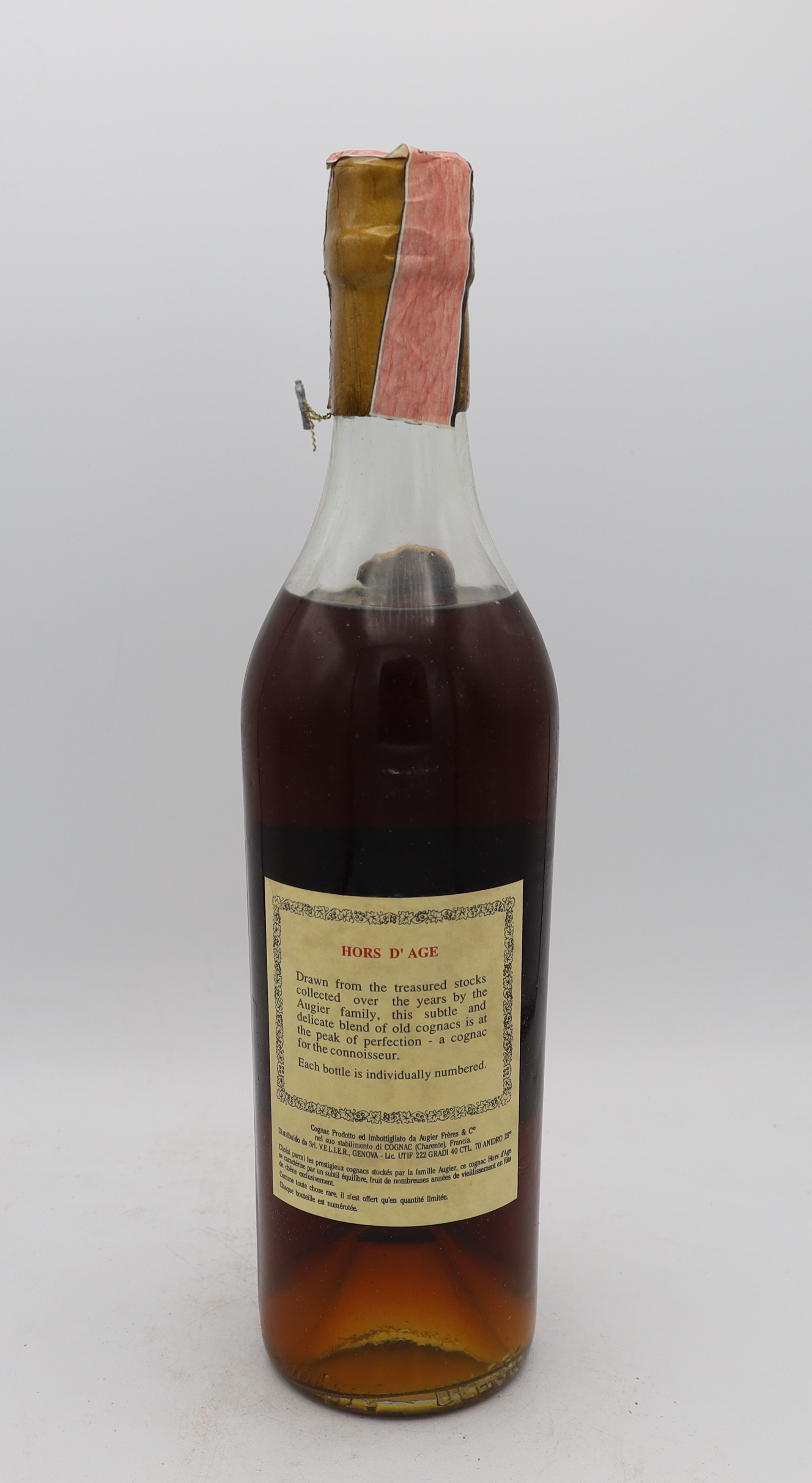 Augier Frères Grande Champagne Cognac Hors d’Âge – rear view of premium French cognac bottle, elegant collectible edition