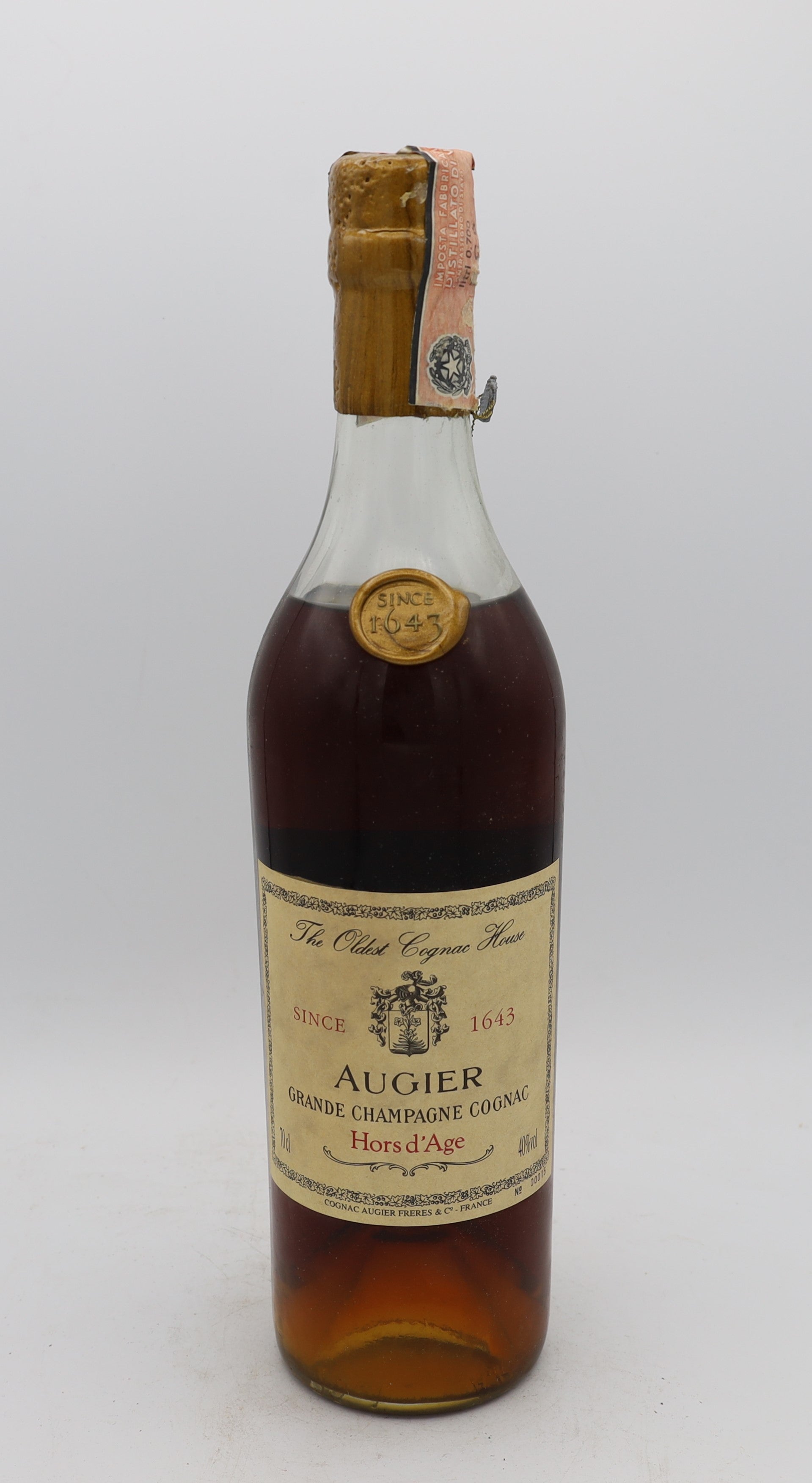 Augier Frères Grande Champagne Cognac Hors d’Âge – rear view of premium French cognac bottle, elegant collectible edition