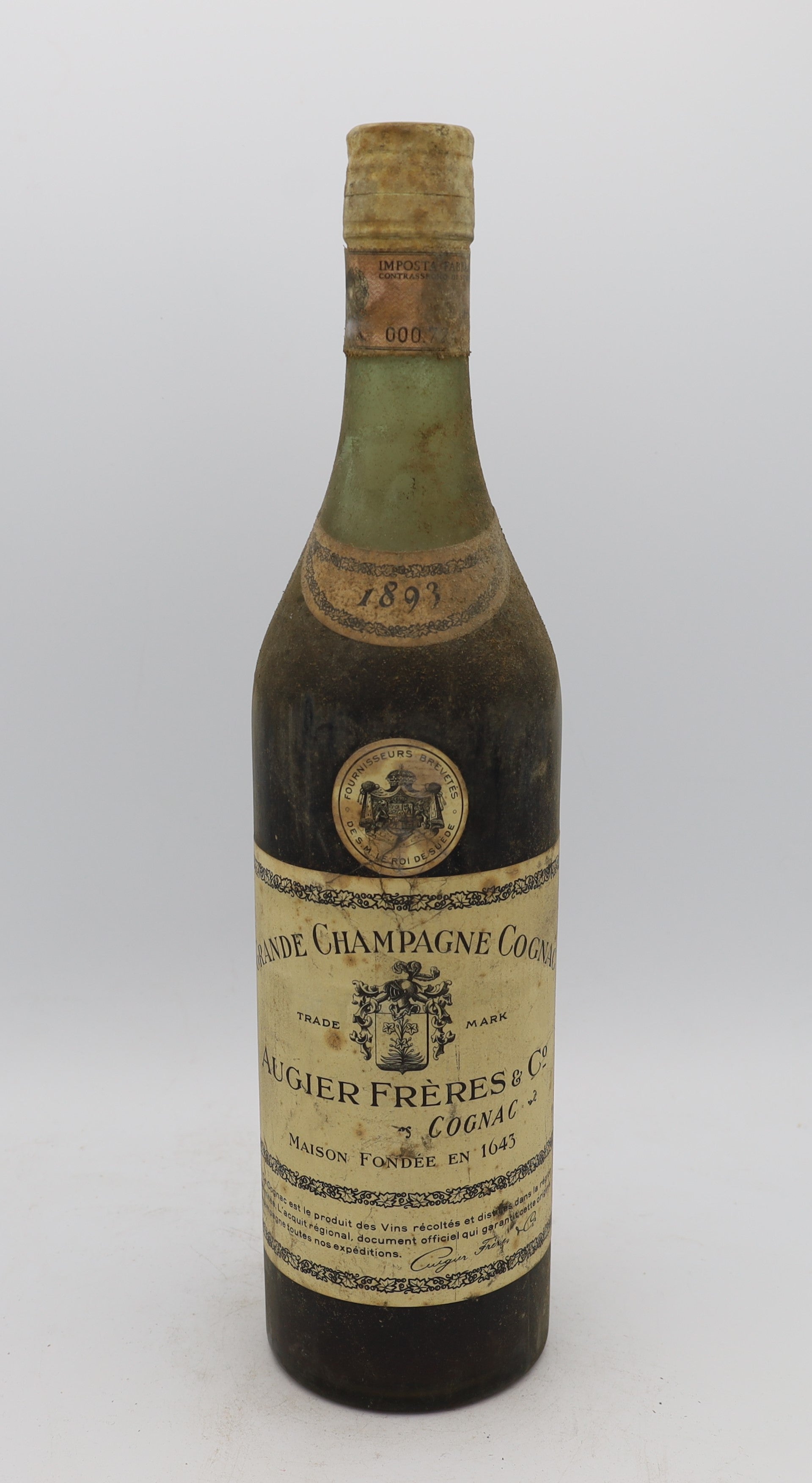 Augier Frères Grande Champagne Cognac Vintage 1893 – rare historic French cognac, dusty collectible bottle for connoisseurs