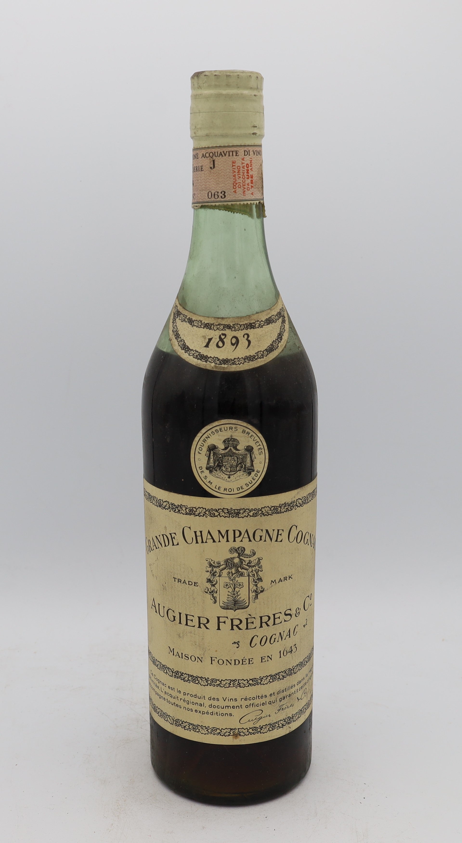 Augier Frères Grande Champagne Cognac Vintage 1893 – rare historic French cognac, dusty collectible bottle for connoisseurs