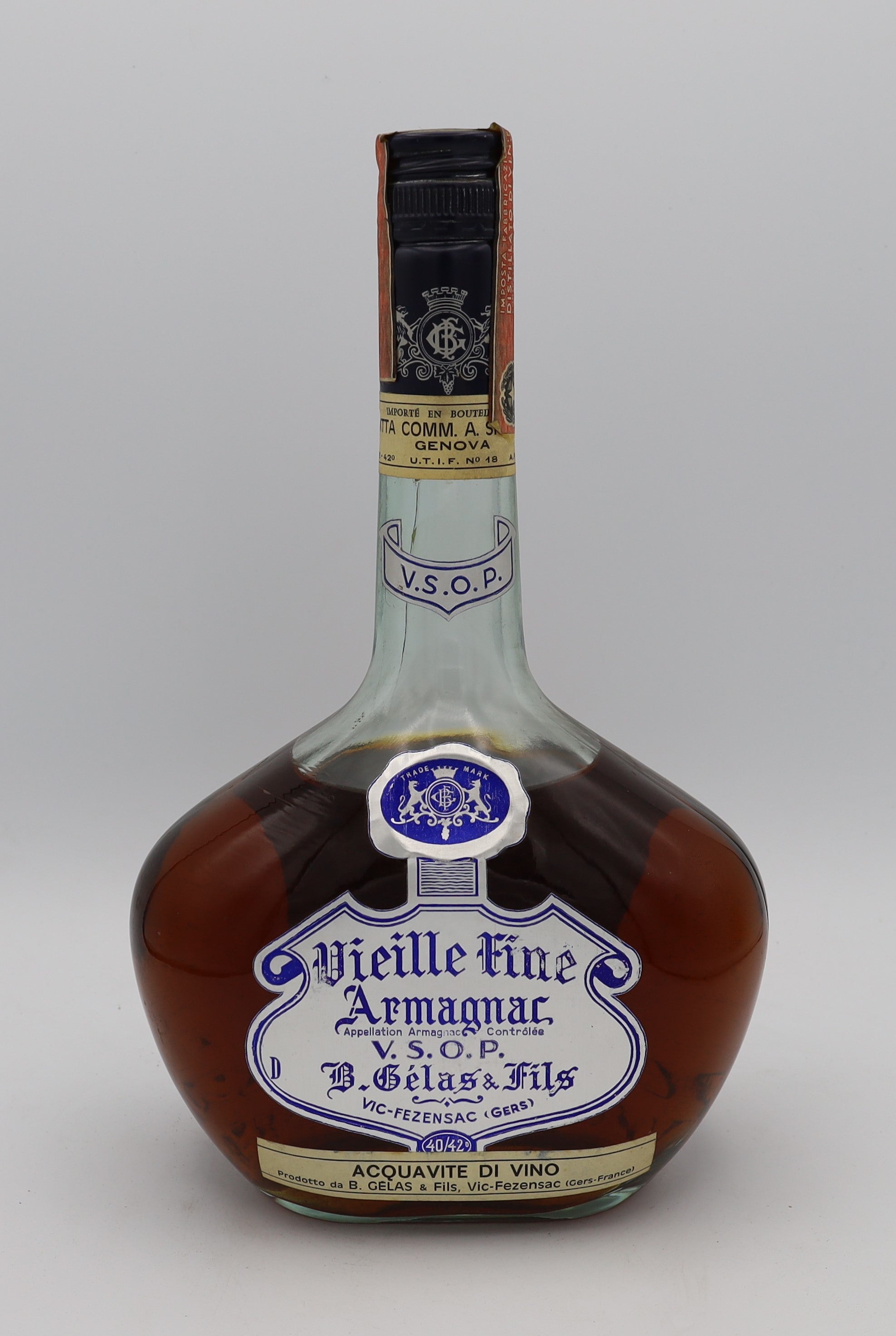 B. Gelas & Fils Fine Armagnac VSOP with silver label – premium aged brandy with rich, smooth flavors, crafted for collectors and connoisseurs.