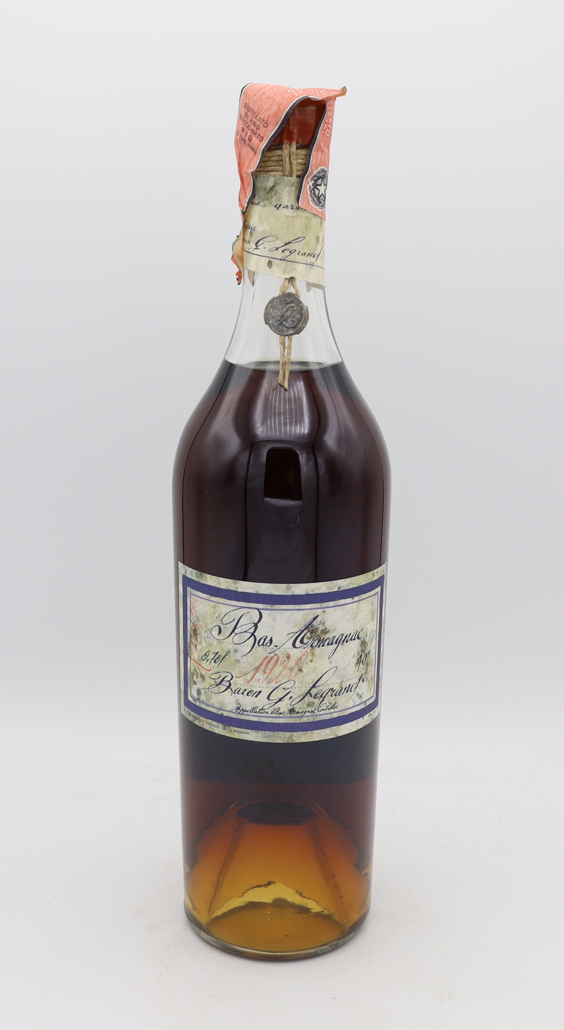 Baron G. Legrand Bas-Armagnac Vintage 1920, Reserved Treasures Club edition, presented in a collector’s box – exceptionally rare vintage brandy with rich, complex flavors.