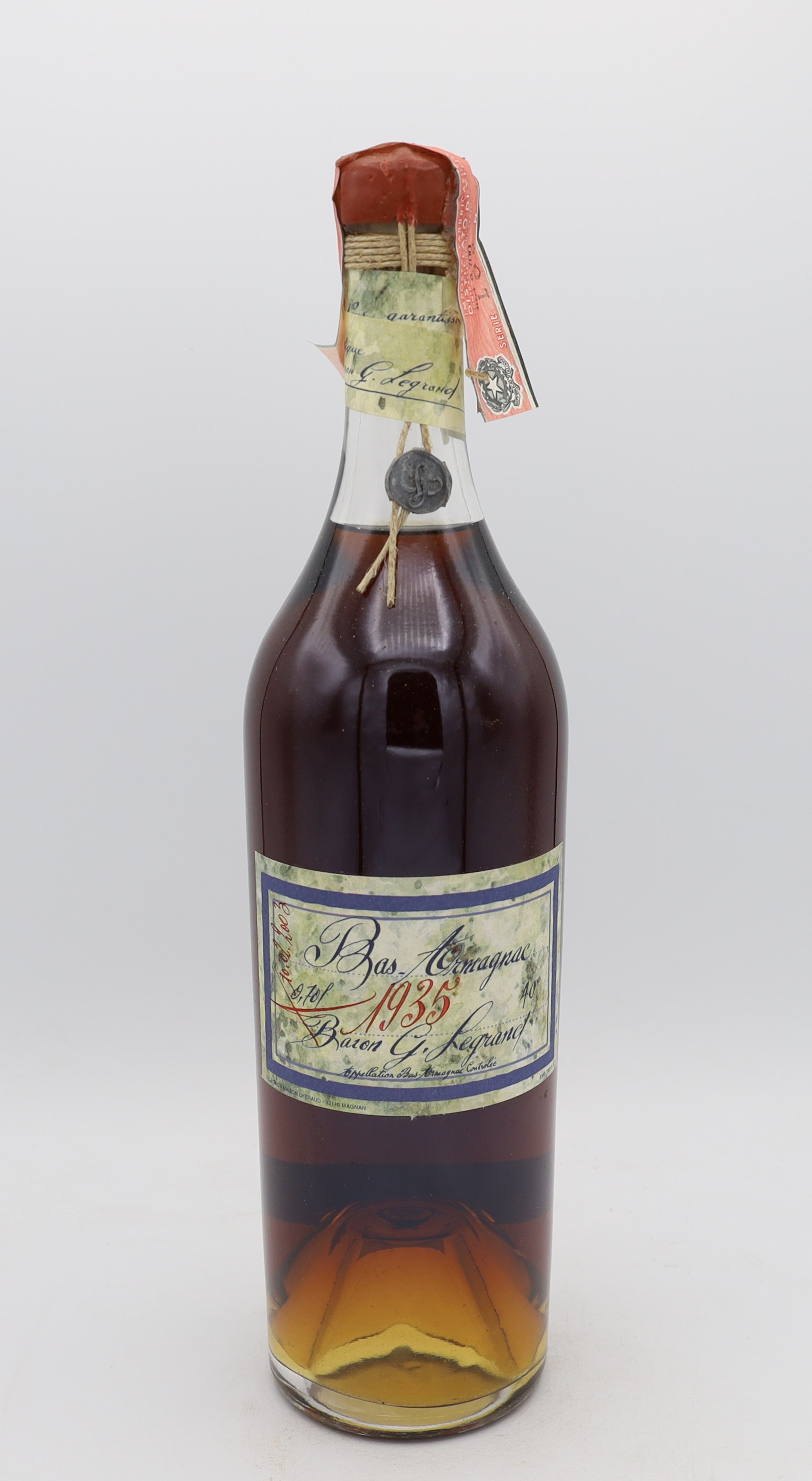 Baron G. Legrand Bas-Armagnac Vintage 1935, Reserved Treasures Club edition, presented in a collector’s box – exceptionally rare vintage brandy with rich, complex flavors.