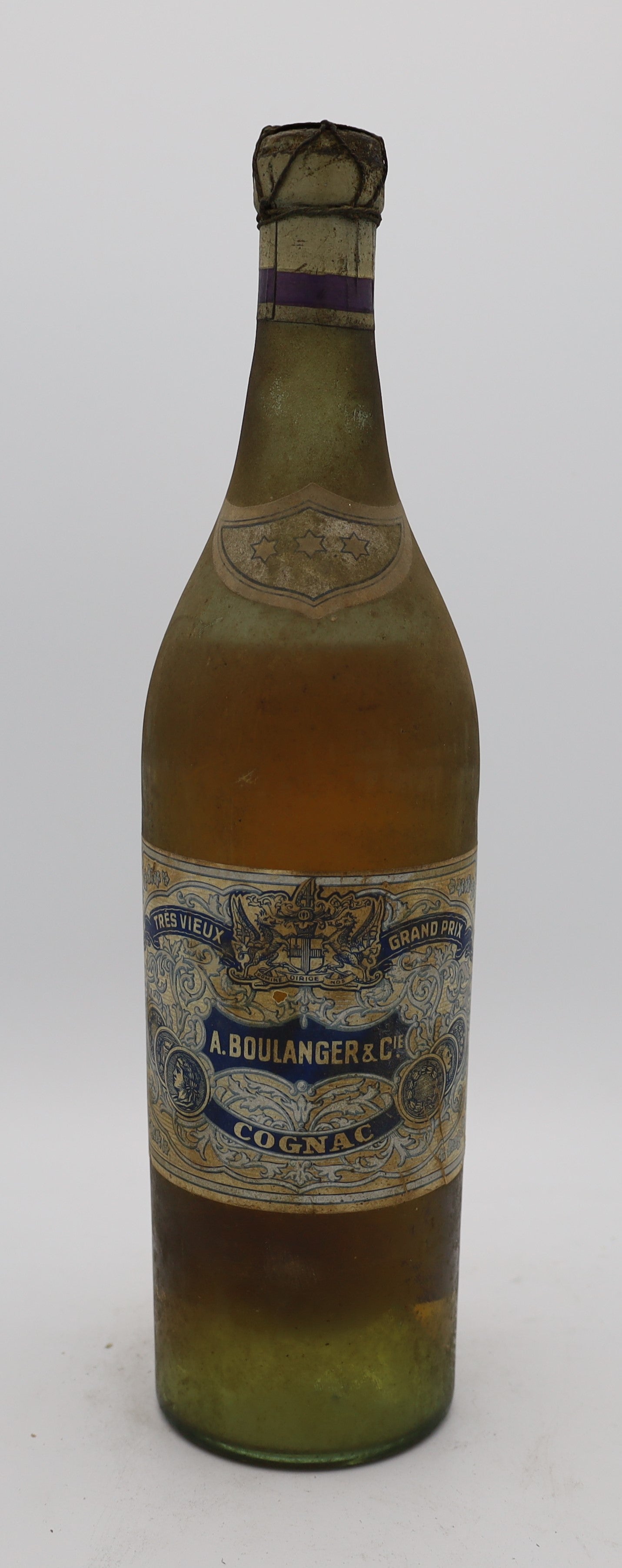 Boulanger Cognac Très Vieux Grand Prix with old blue label – rare premium aged brandy with rich, smooth flavors, ideal for collectors and connoisseurs.