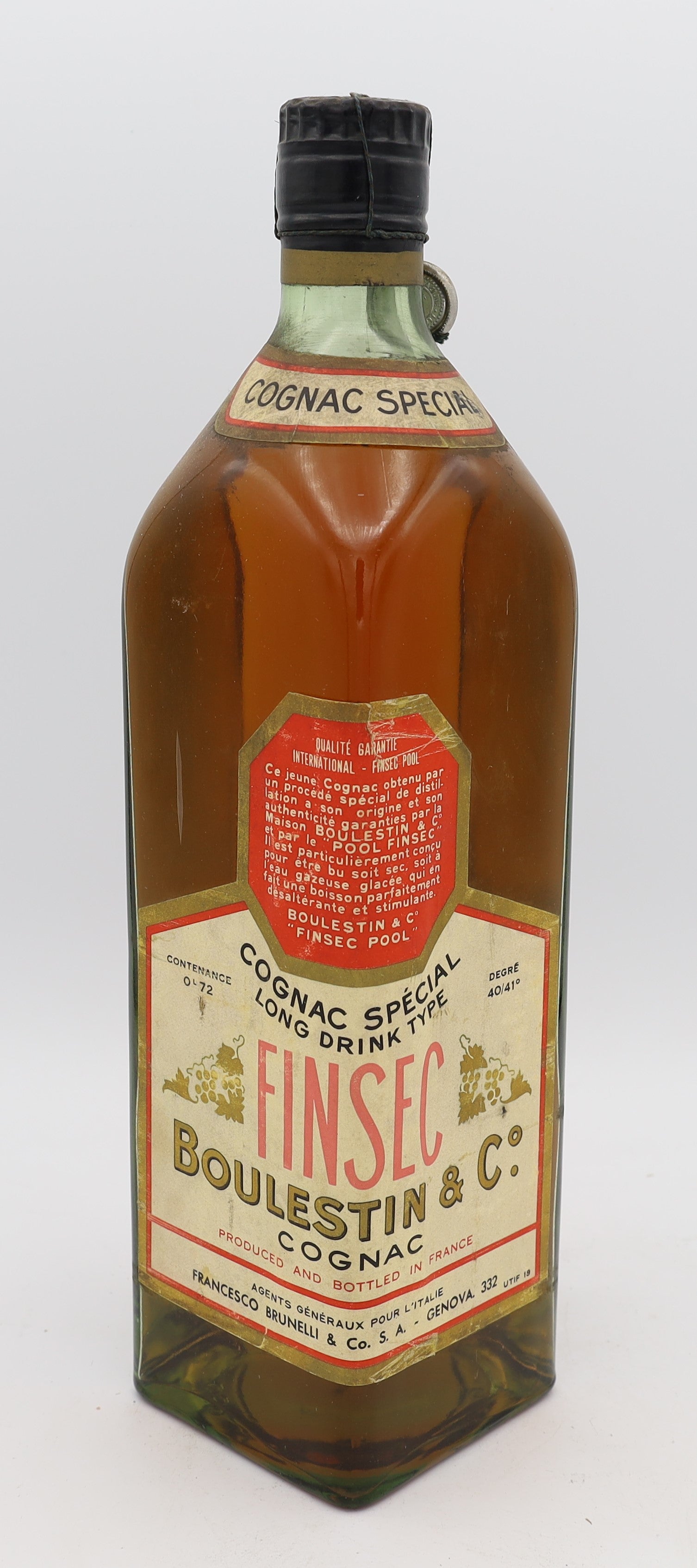 Boulestin Fin Sec Cognac Special – long drink type bottle with vintage design, featuring a tall slim shape and classic label, representing a light, dry-style French cognac.