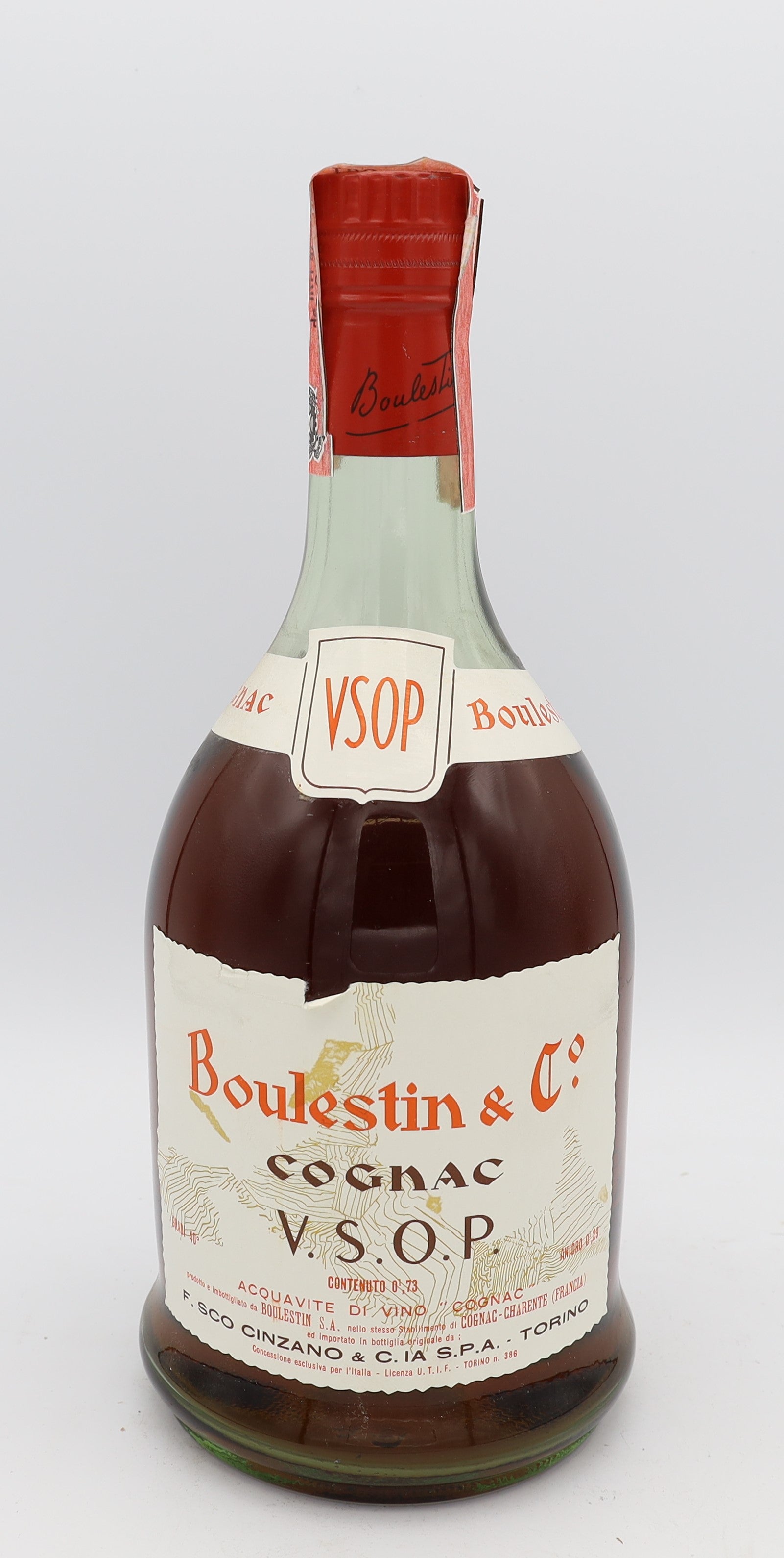 Boulestin VSOP Cognac with white label and red cap – premium aged brandy with rich, smooth flavors, ideal for collectors and connoisseurs.