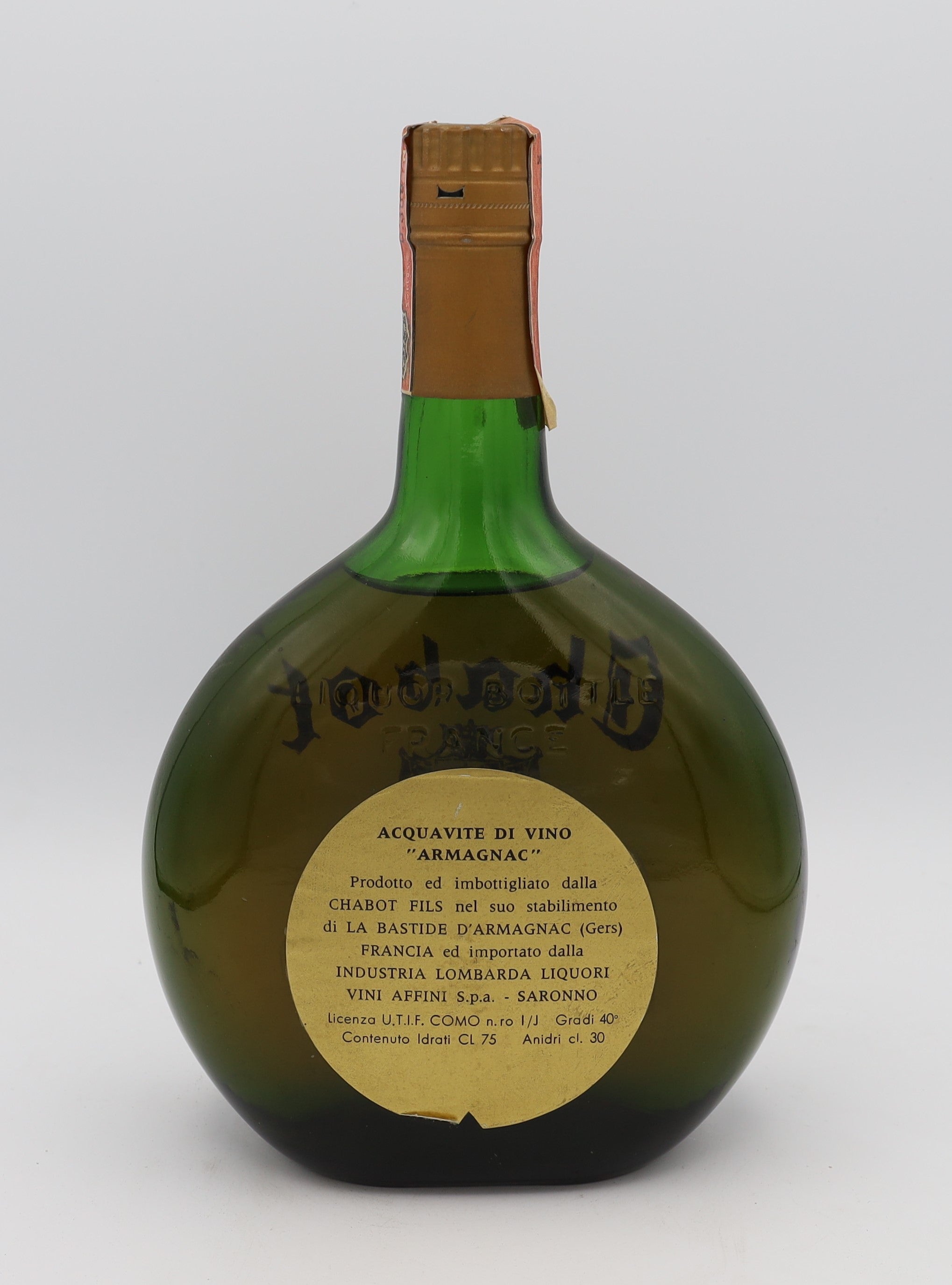 Chabot Blason d'Or Armagnac with gold letters in green bottle – premium aged brandy with rich, complex flavors, presented in a collector’s bottle.
