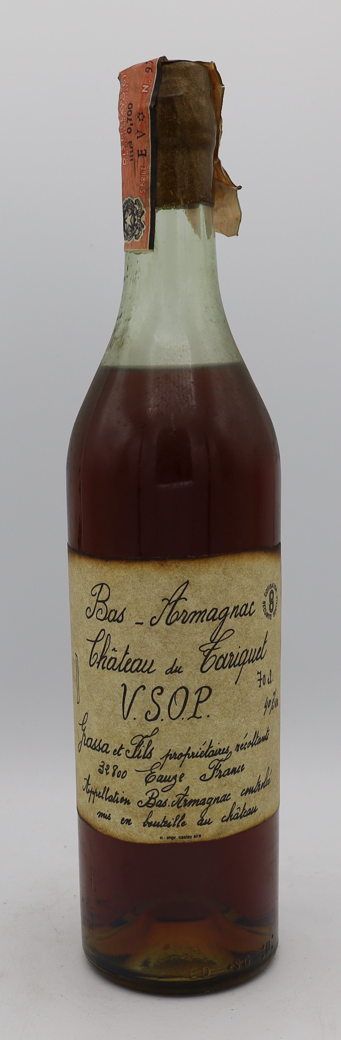 Château du Tariquet VSOP Bas Armagnac with handwritten label – premium aged brandy with rich, smooth flavors, ideal for collectors and connoisseurs.
