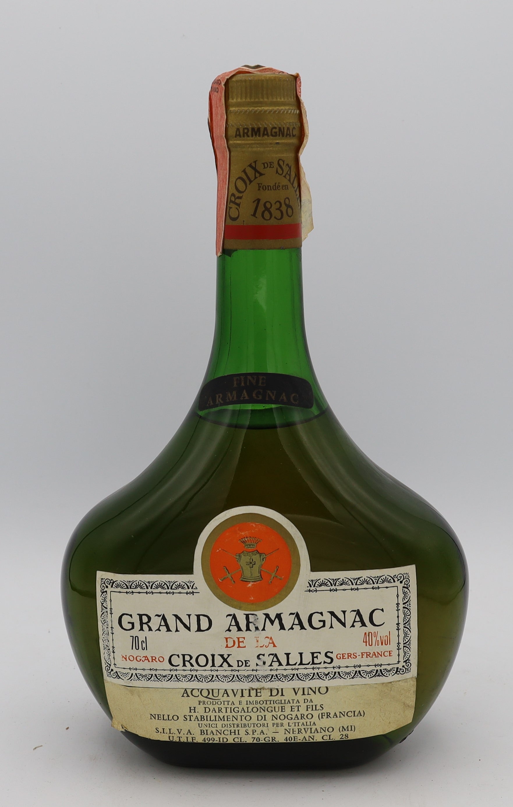 Croix de Salles Grand Fine Armagnac in green bottle – premium aged brandy with rich, smooth flavors, ideal for collectors and connoisseurs.