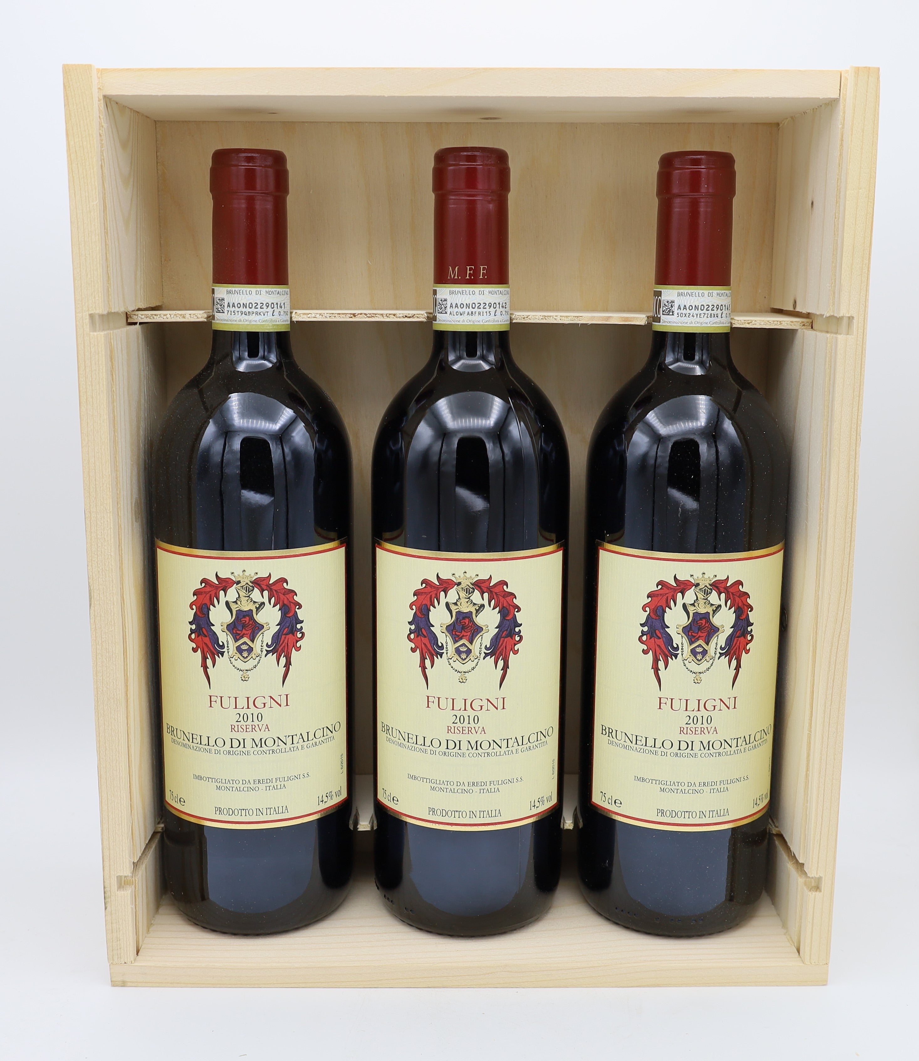 Fuligni Riserva 2010 Brunello di Montalcino DOCG, presented in a wooden case – premium Italian red wine with rich, complex flavors and elegant structure.