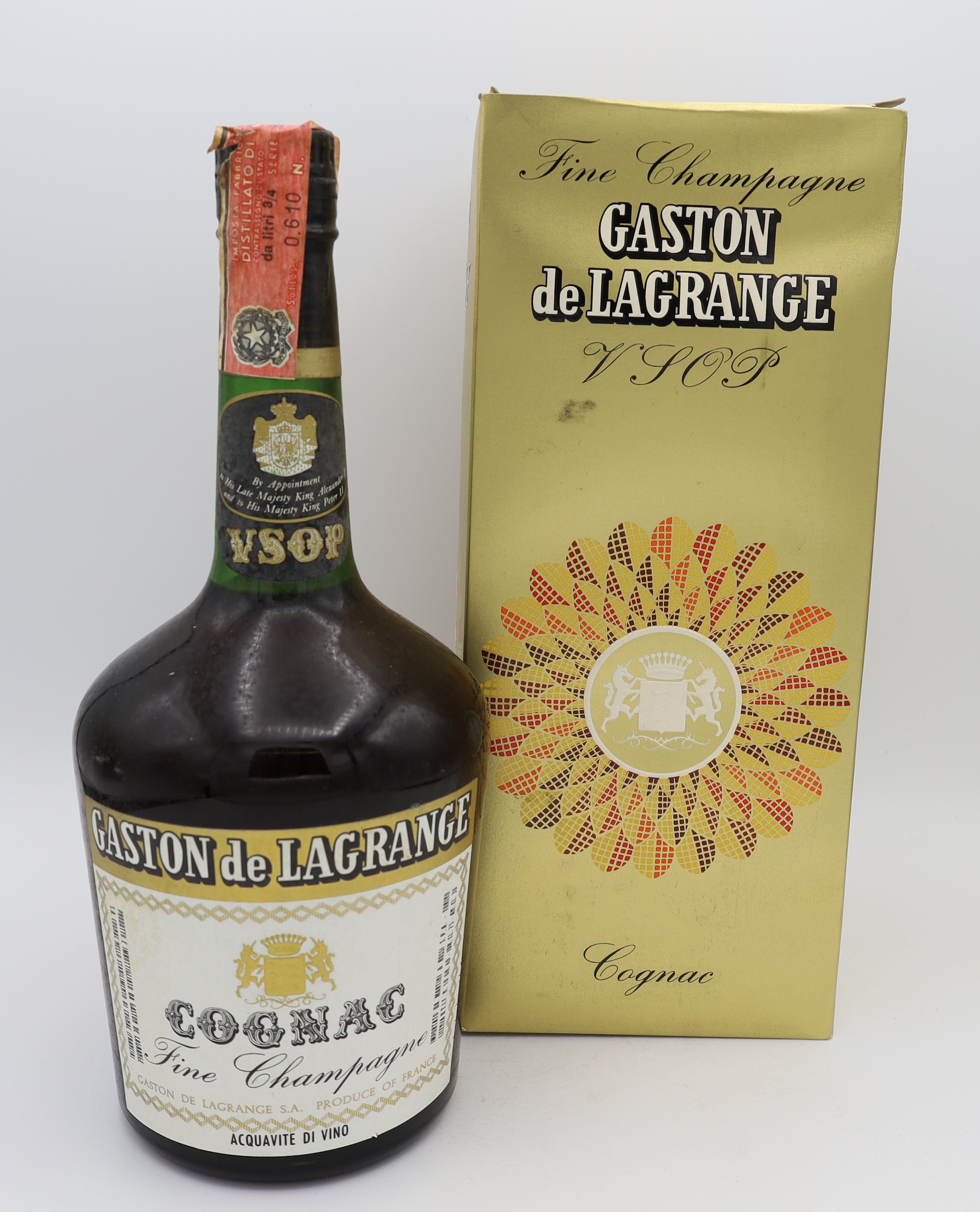 Gaston de Lagrange VSOP Fine Champagne Cognac Vintage 1970s – premium French brandy crafted from Fine Champagne eaux-de-vie, featuring rich amber color, ideal for collectors and connoisseurs.