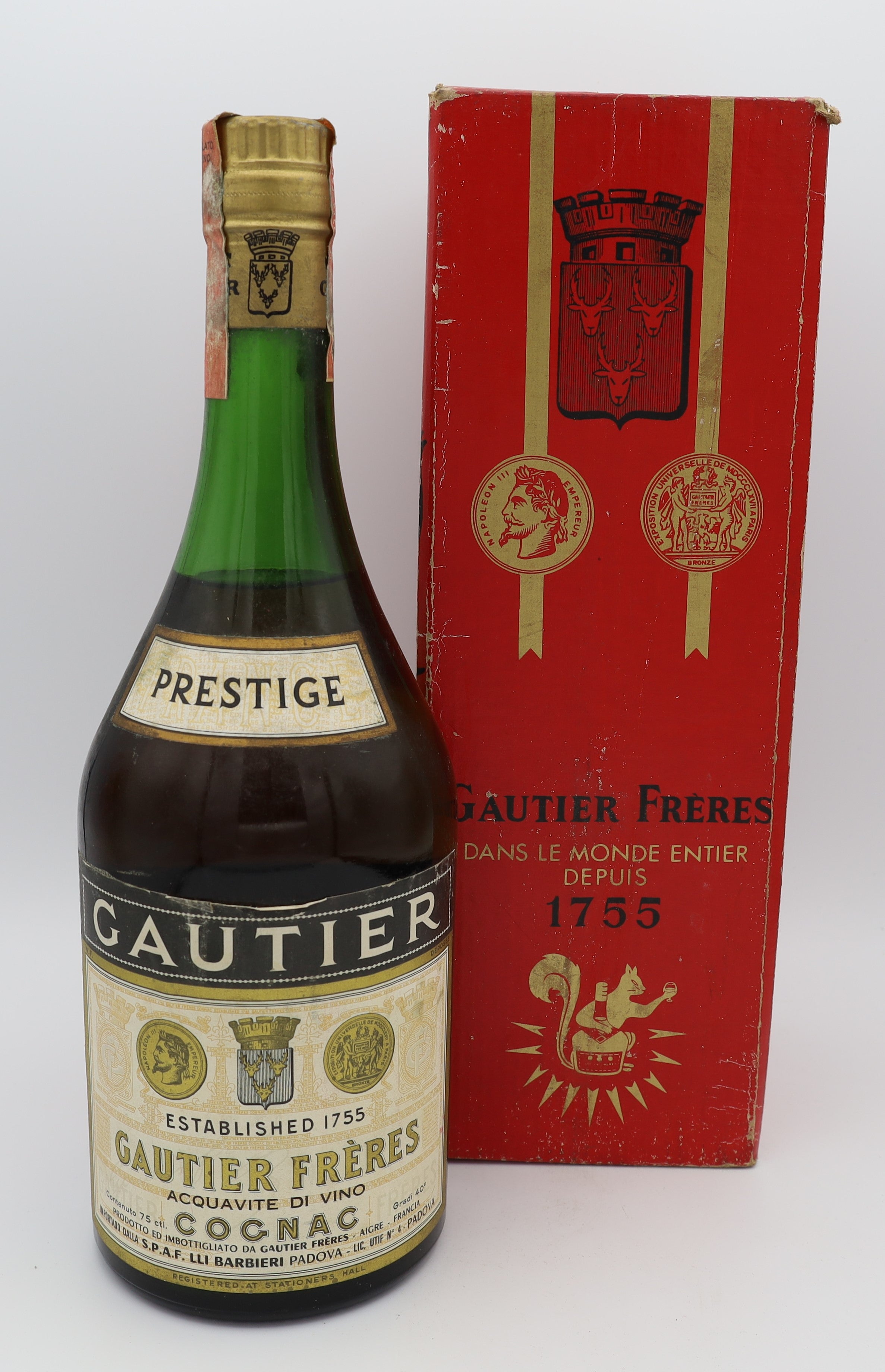 Gautier Frères Prestige Cognac in a white glass bottle – premium French brandy with refined aroma and smooth, rich flavors, ideal for collectors and connoisseurs.