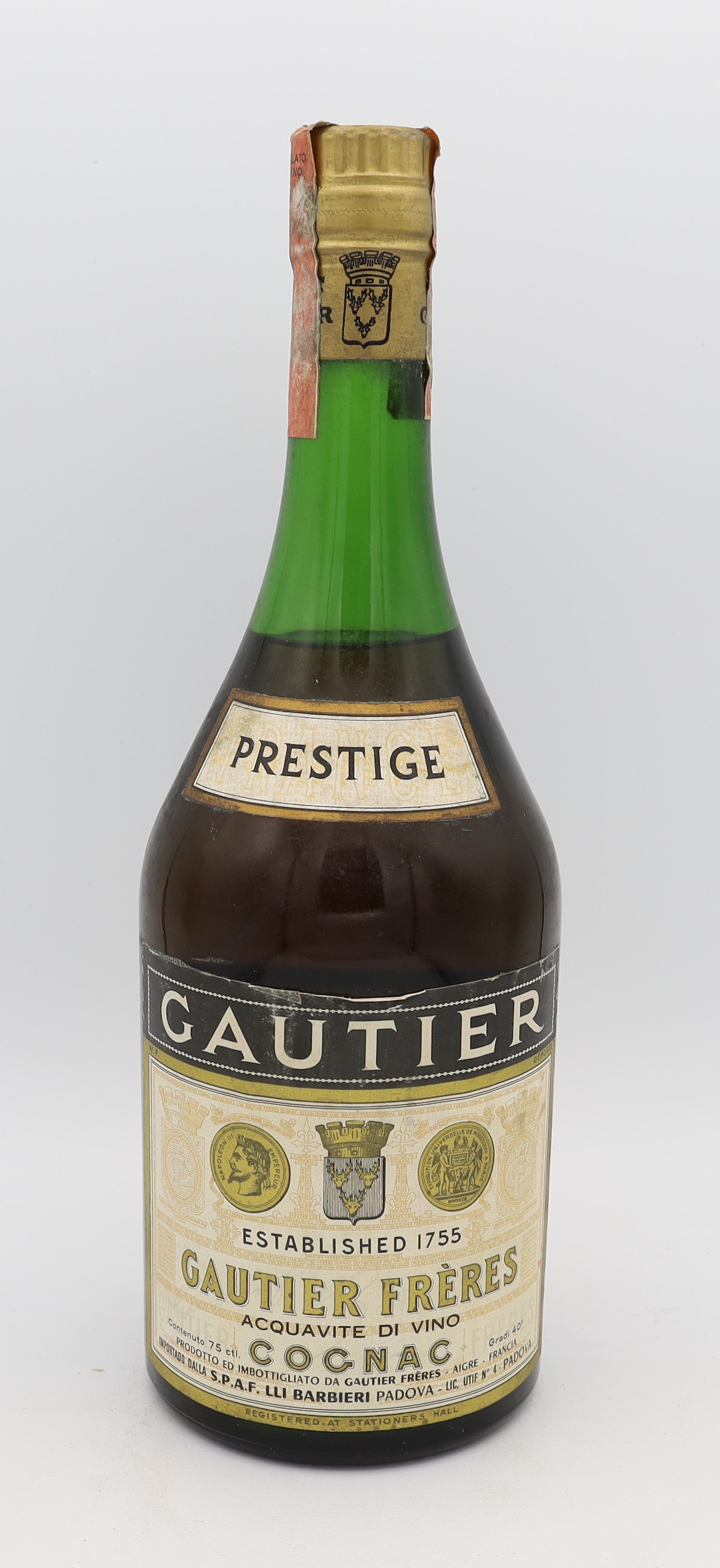 Gautier Frères Prestige Cognac in a green glass bottle – premium French brandy with refined aroma and smooth, rich flavors, ideal for collectors and connoisseurs.