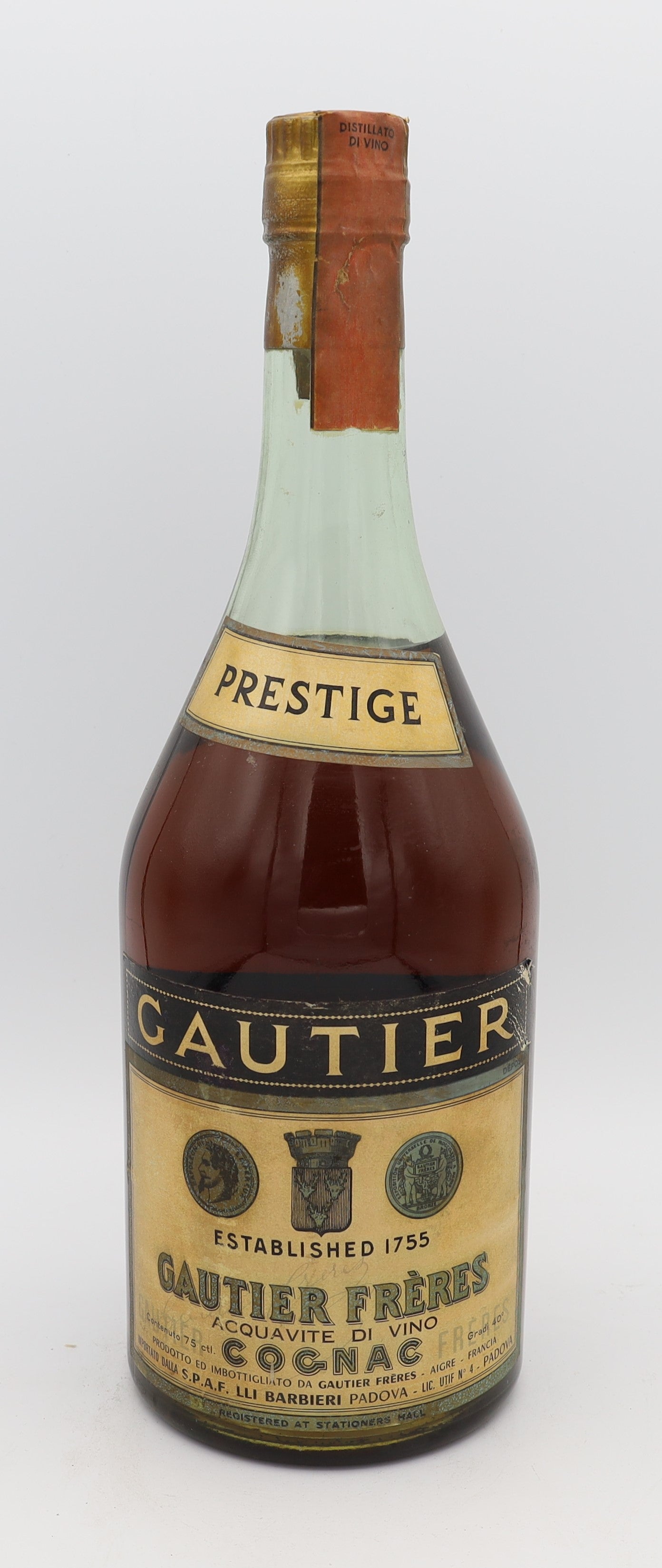 Gautier Frères Prestige Cognac in a white glass bottle – premium French brandy with refined aroma and smooth, rich flavors, ideal for collectors and connoisseurs.