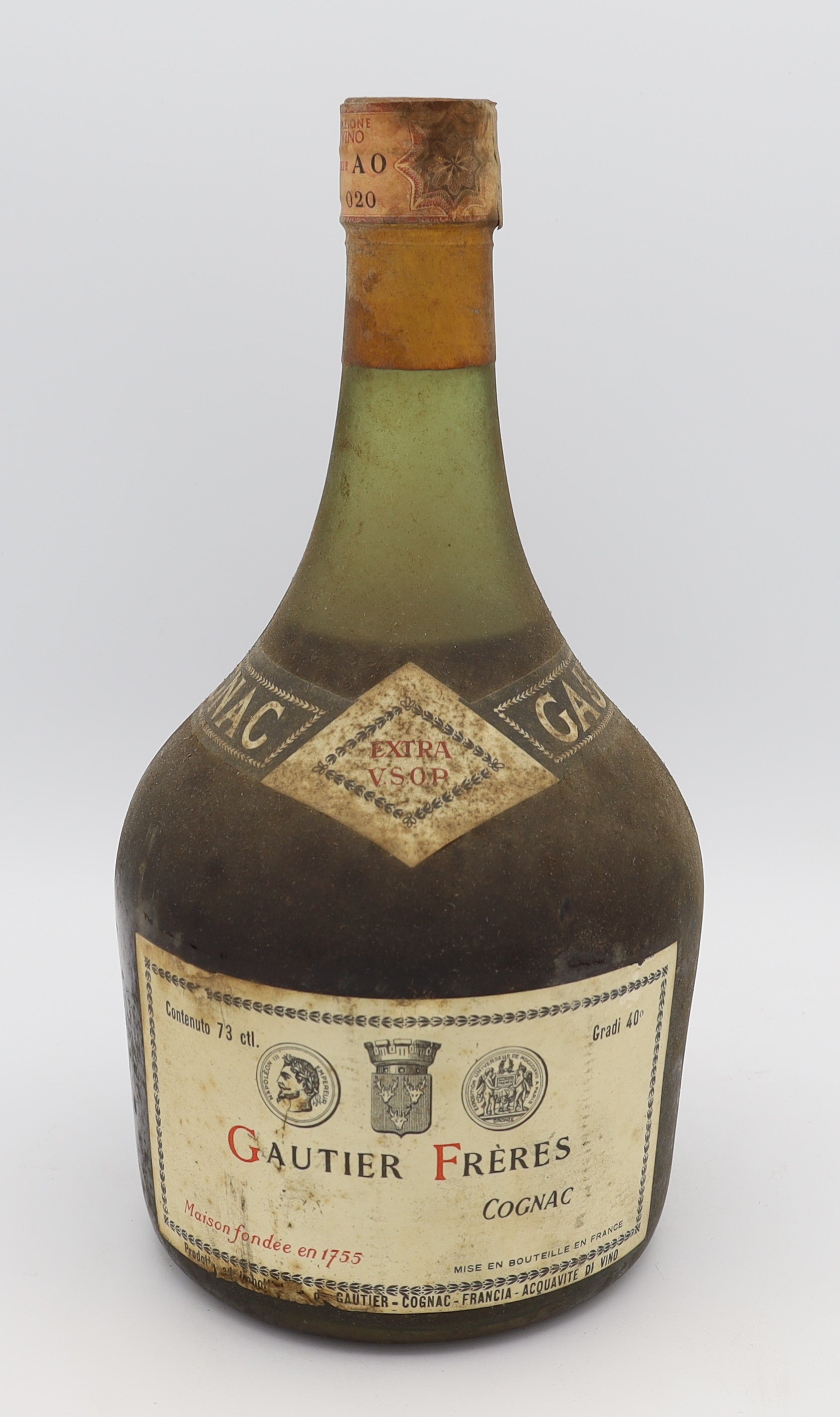 Gautier Frères Cognac Extra VSOP – premium French brandy in a distinctive dumpy bottle, with rich aroma and smooth flavor, perfect for collectors and connoisseurs.