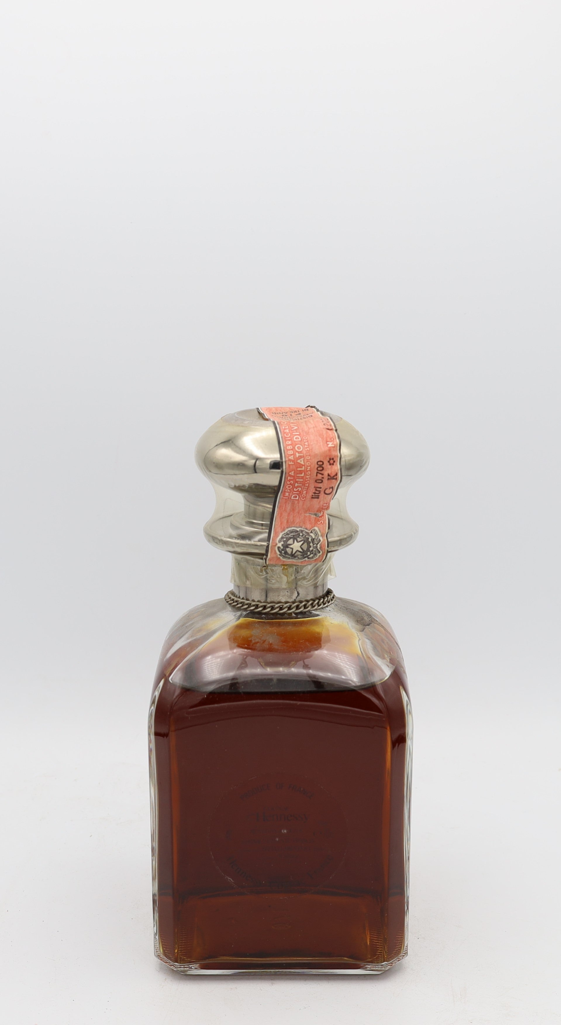 Hennessy Cognac silver top decanter – rear view of premium French cognac bottle, elegant collectible design