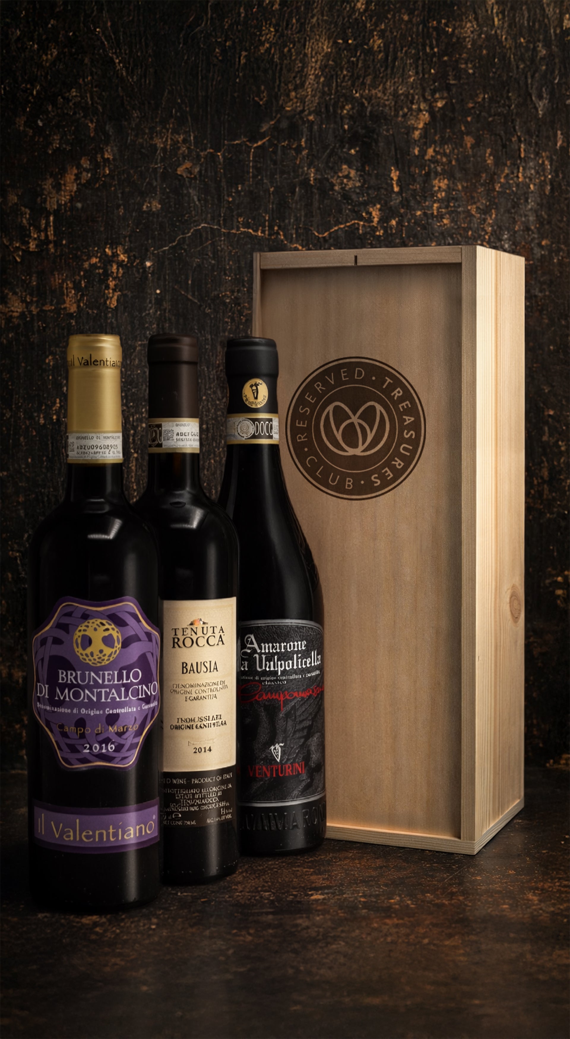 Italian Classics Wine Trio with Brunello di Montalcino, Barolo and Amarone della Valpolicella in wooden gift box