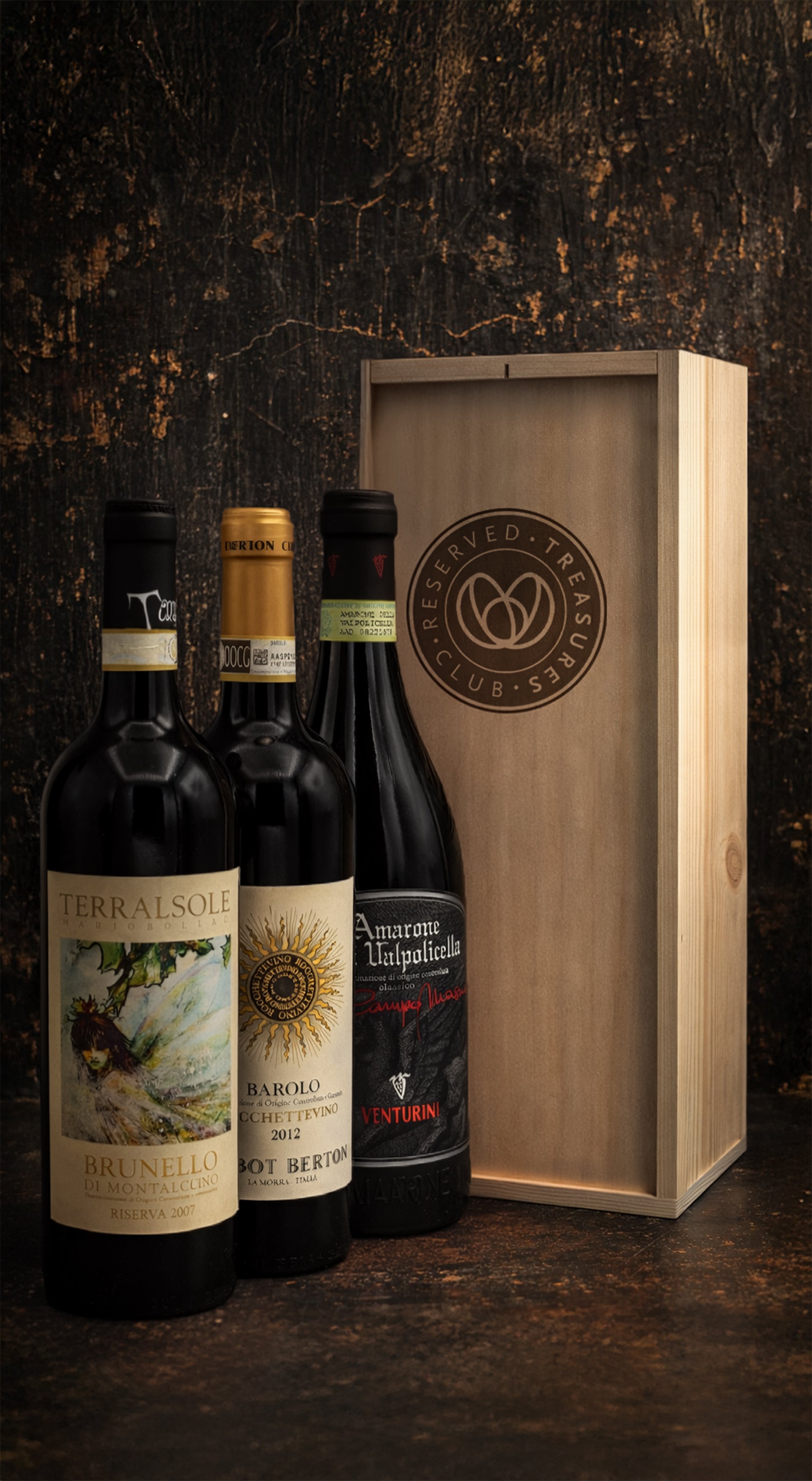 Italian Prestige Wine Trio with Brunello di Montalcino Riserva, Barolo and Amarone della Valpolicella in wooden gift box