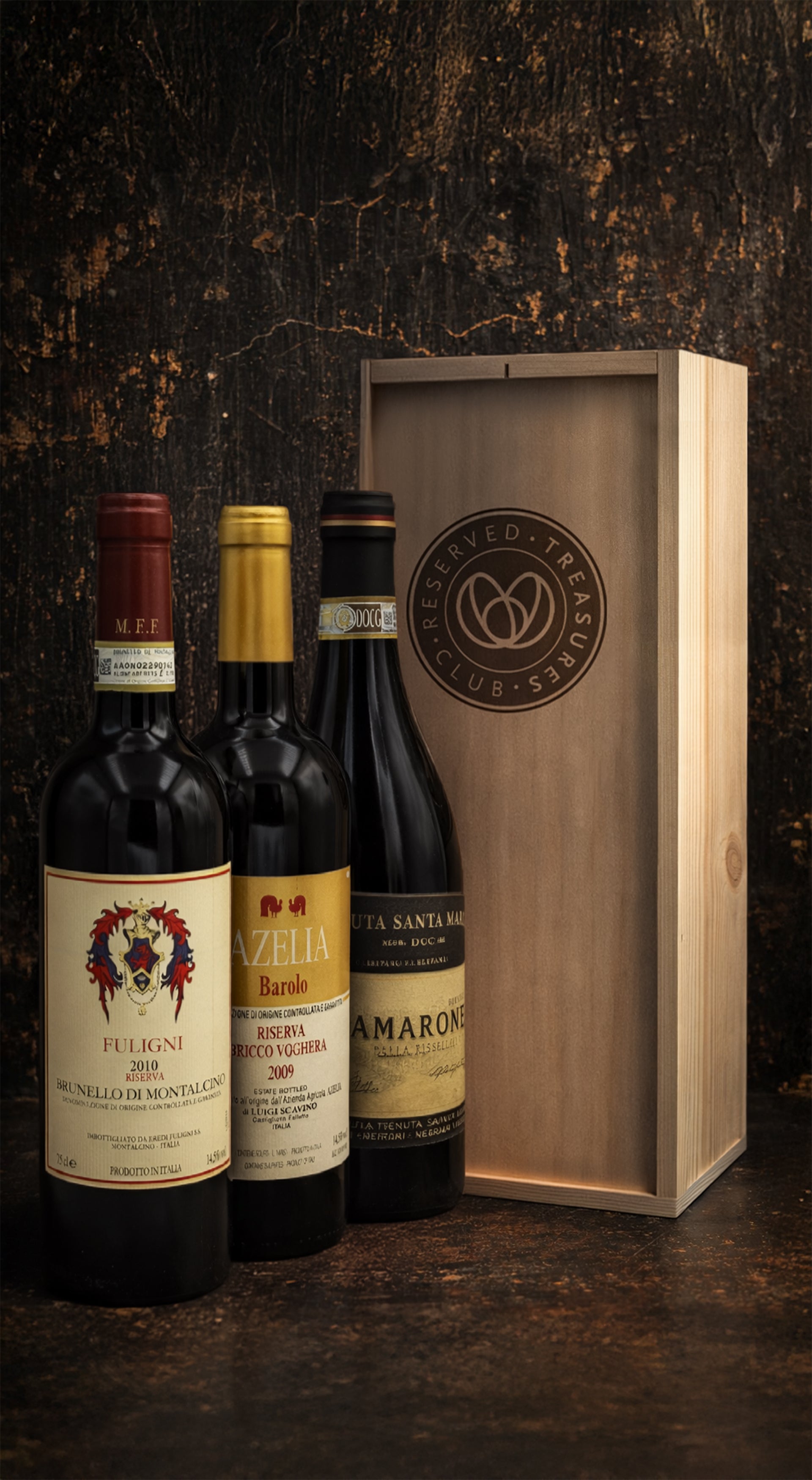Italian Icon Wine Trio featuring Brunello di Montalcino, Barolo Riserva and Amarone della Valpolicella in a premium wooden gift box