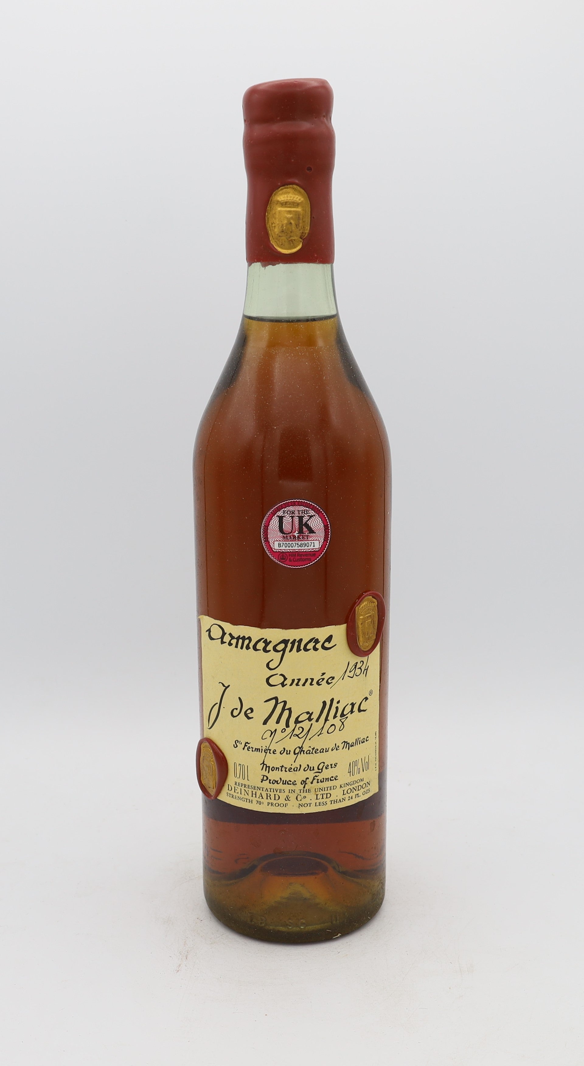 J. de Malliac Armagnac Vintage 1934, Reserved Treasures Club edition – exceptionally rare vintage brandy with rich, complex flavors, perfect for collectors.