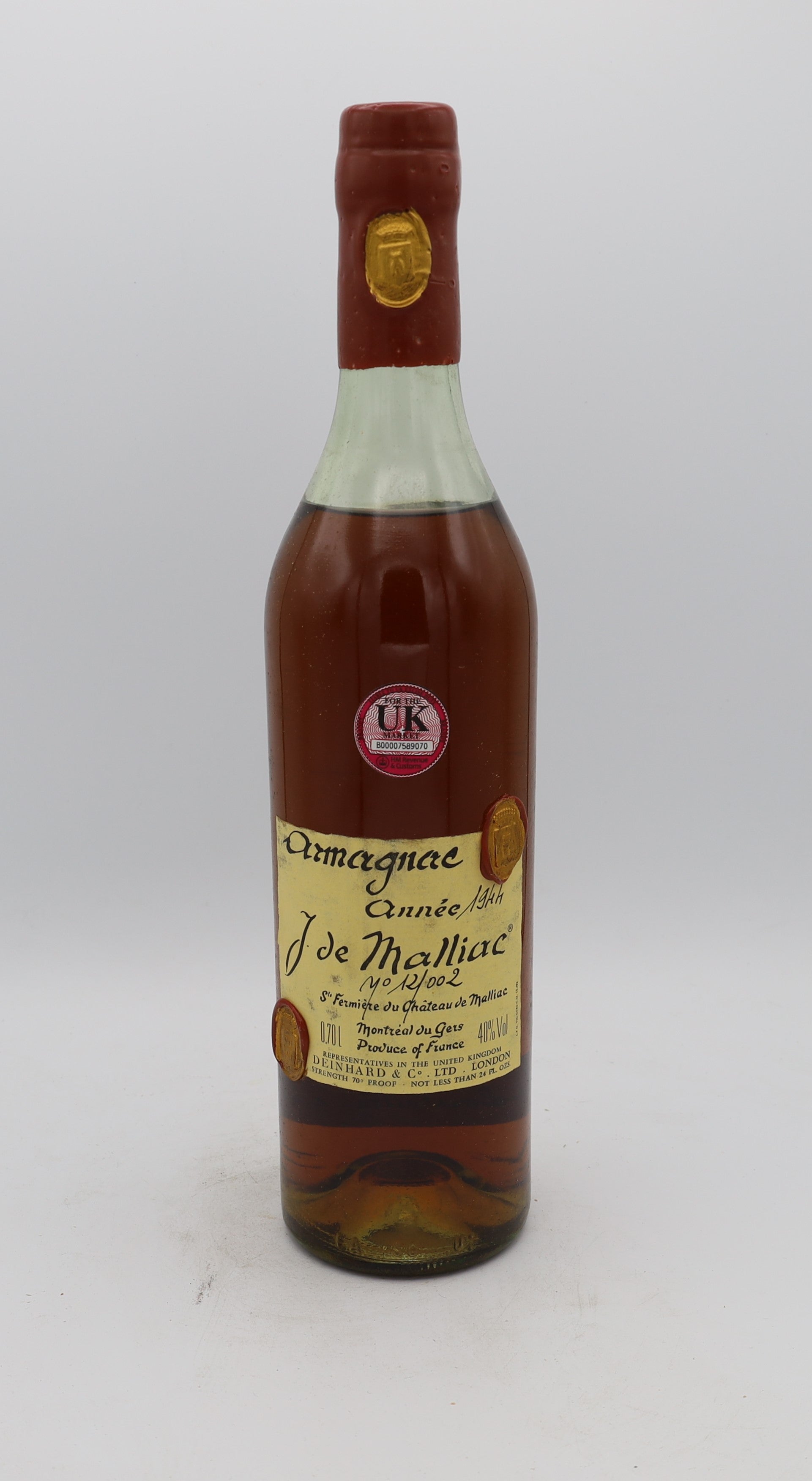 J. de Malliac Armagnac Vintage 1944, Reserved Treasures Club edition – exceptionally rare vintage brandy with rich, complex flavors, perfect for collectors.
