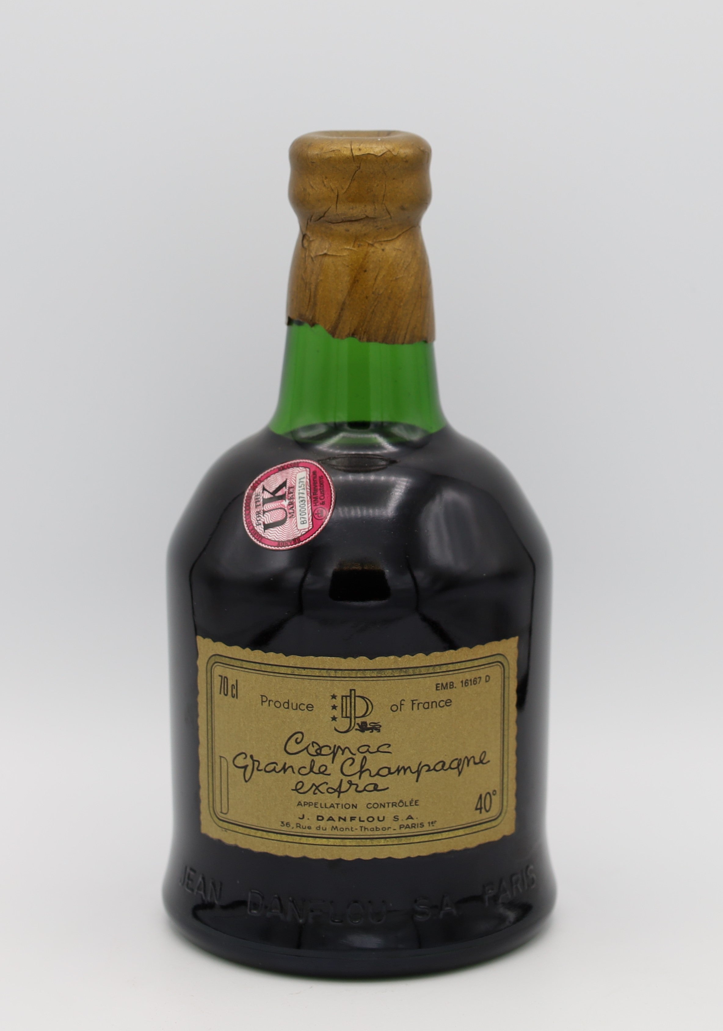 J. Danflou Cognac Grande Champagne Extra – premium French brandy with rich amber color, smooth and complex flavors, presented in a distinctive dumpy bottle, ideal for collectors and connoisseurs.