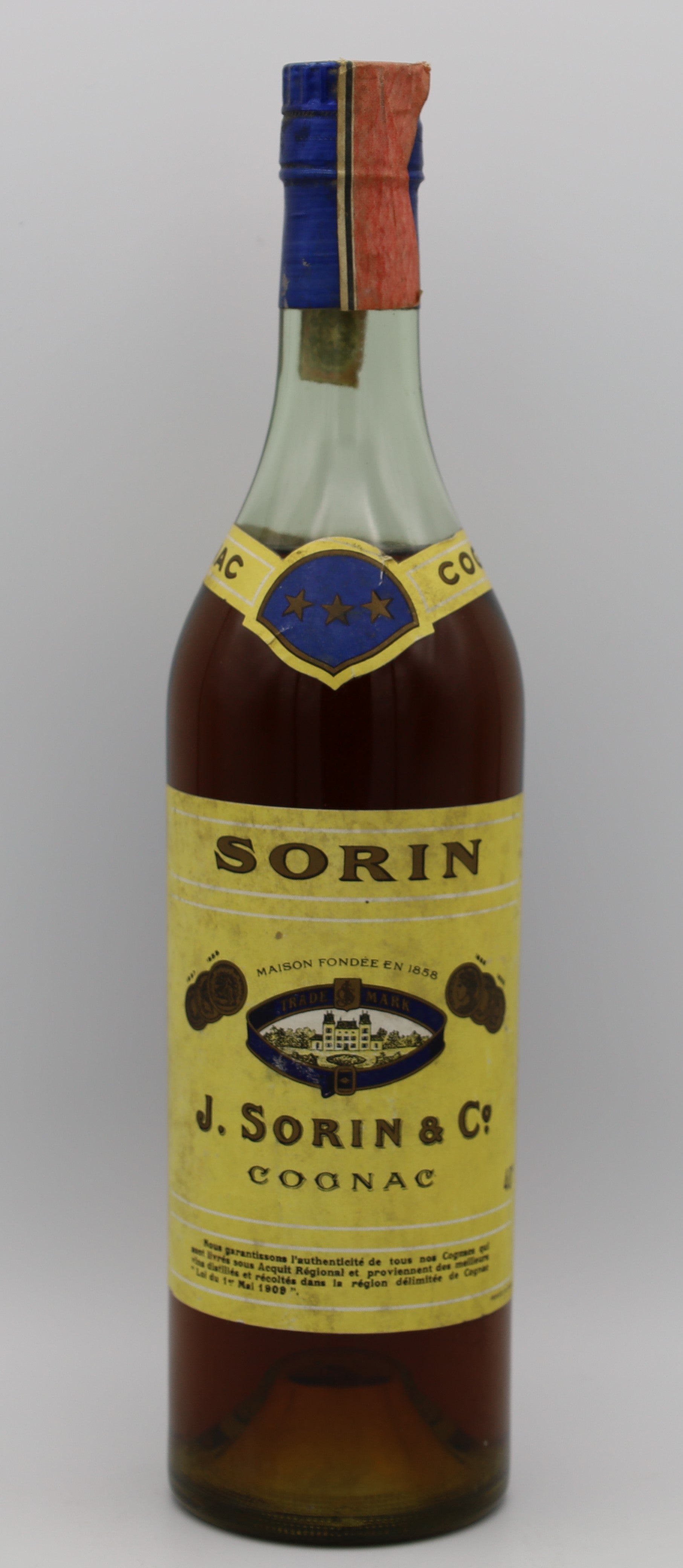 J. Sorin & Co 3 Stars Cognac – premium French brandy with rich amber color, smooth and balanced flavors, presented with cream label, ideal for collectors and connoisseurs.
