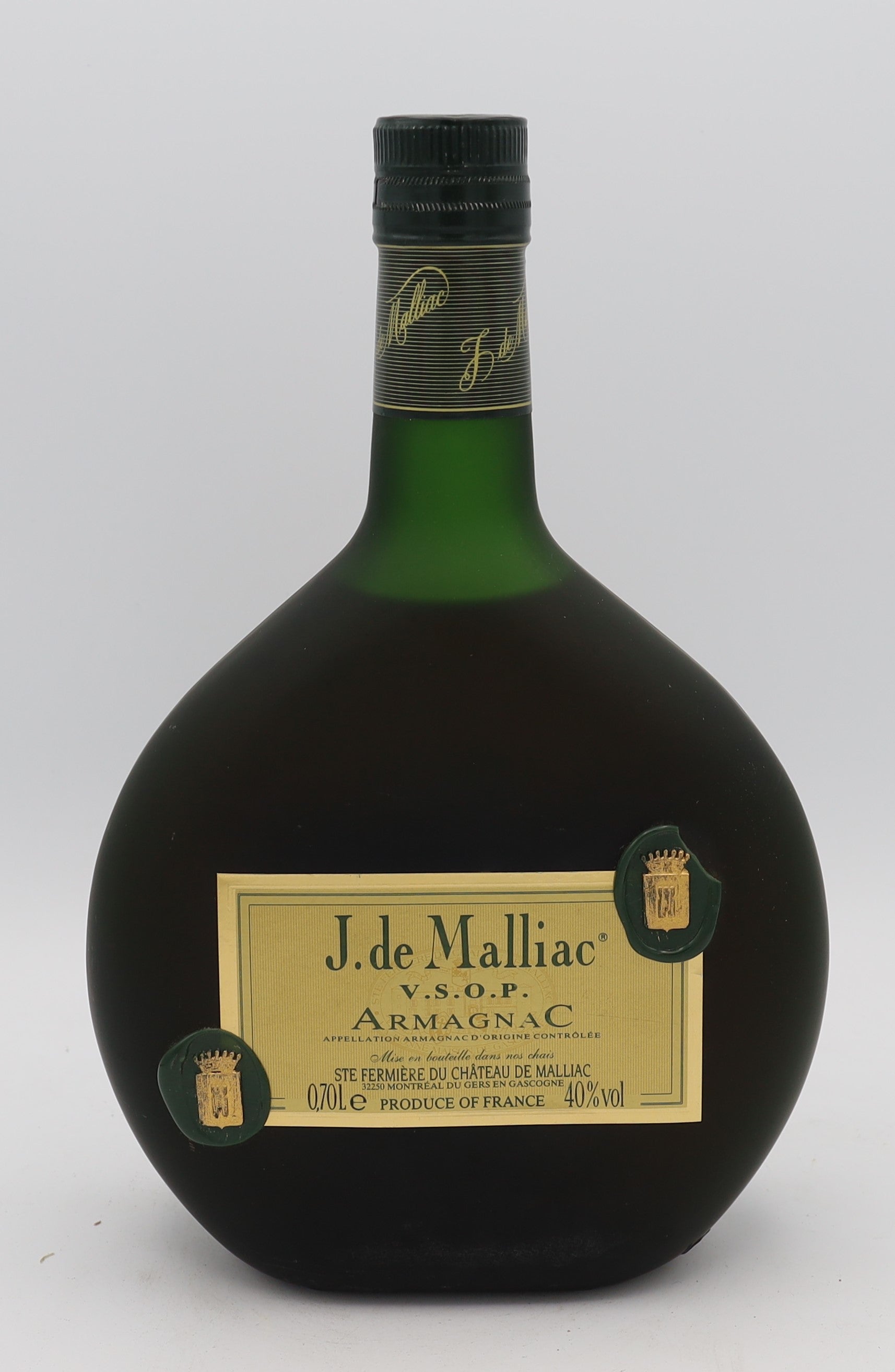 J. de Malliac VSOP Armagnac in green frosted bottle with gold label – premium aged brandy with rich, smooth flavors, ideal for collectors and connoisseurs.