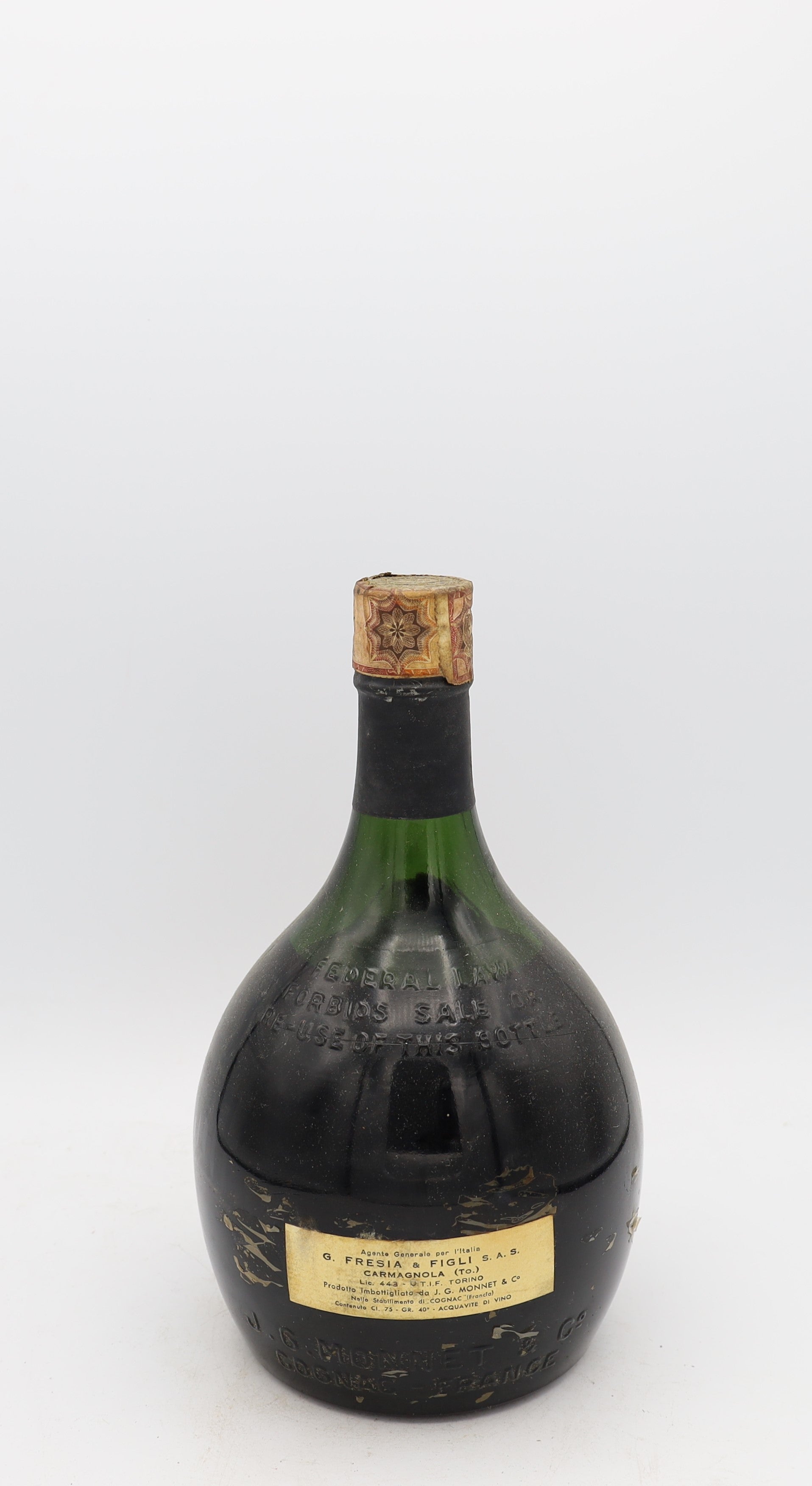J.G. Monnet Fine Champagne Cognac 1950s – rear view of rare vintage French cognac bottle, collectible edition for connoisseurs