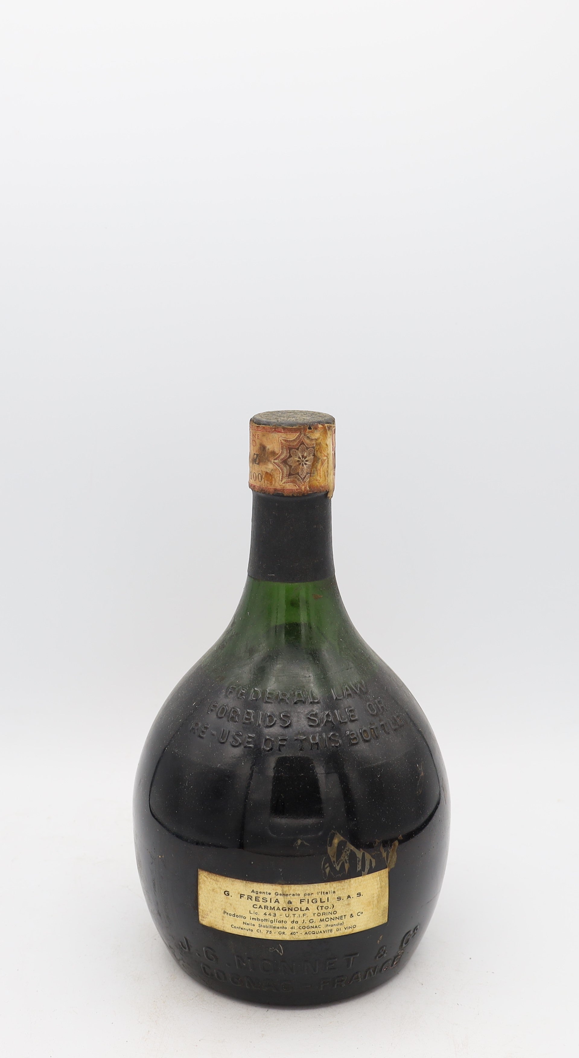J.G. Monnet Fine Champagne Cognac 1950s – rear view of rare vintage French cognac bottle, collectible edition for connoisseurs
