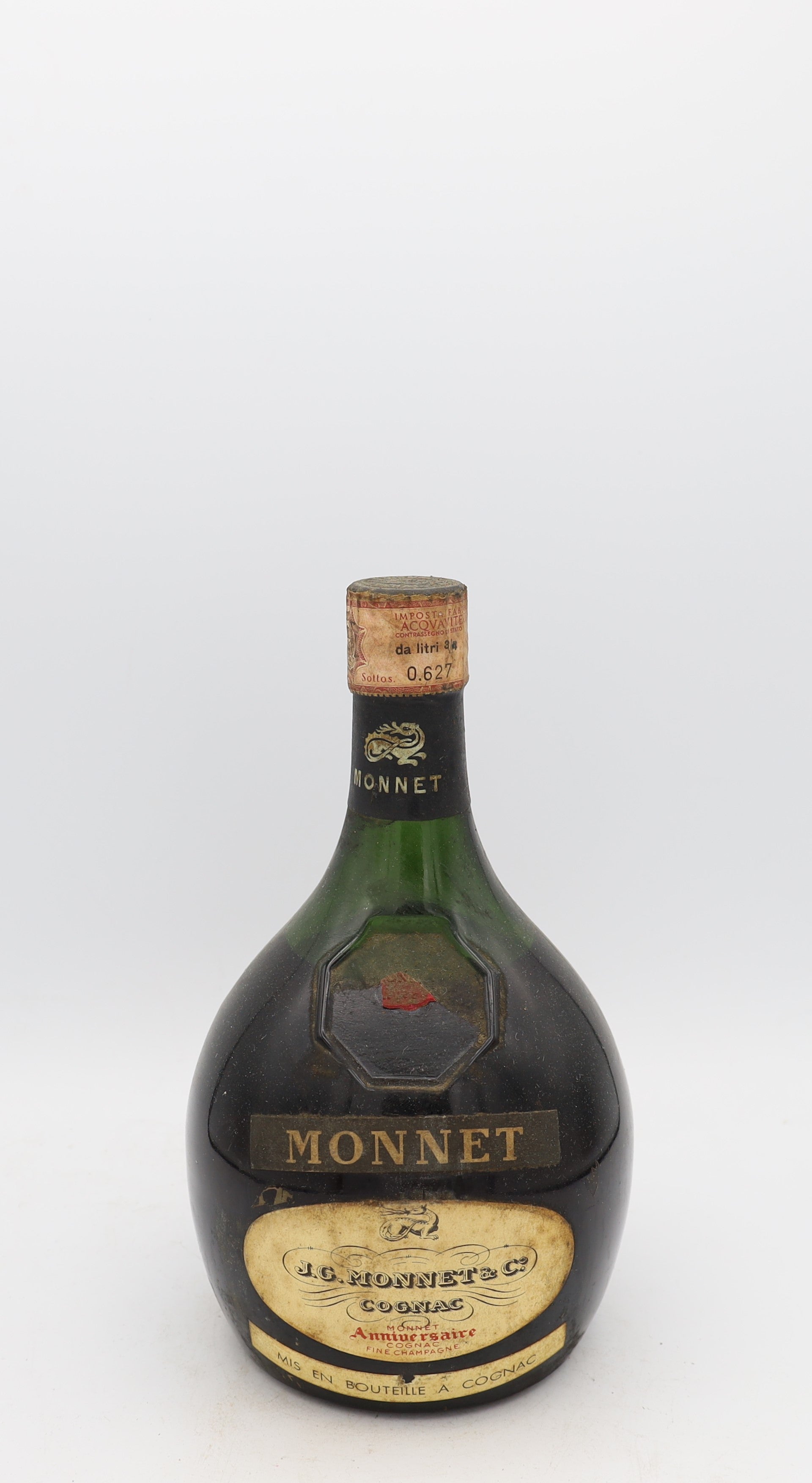 J.G. Monnet Fine Champagne Cognac 1950s – rear view of rare vintage French cognac bottle, collectible edition for connoisseurs