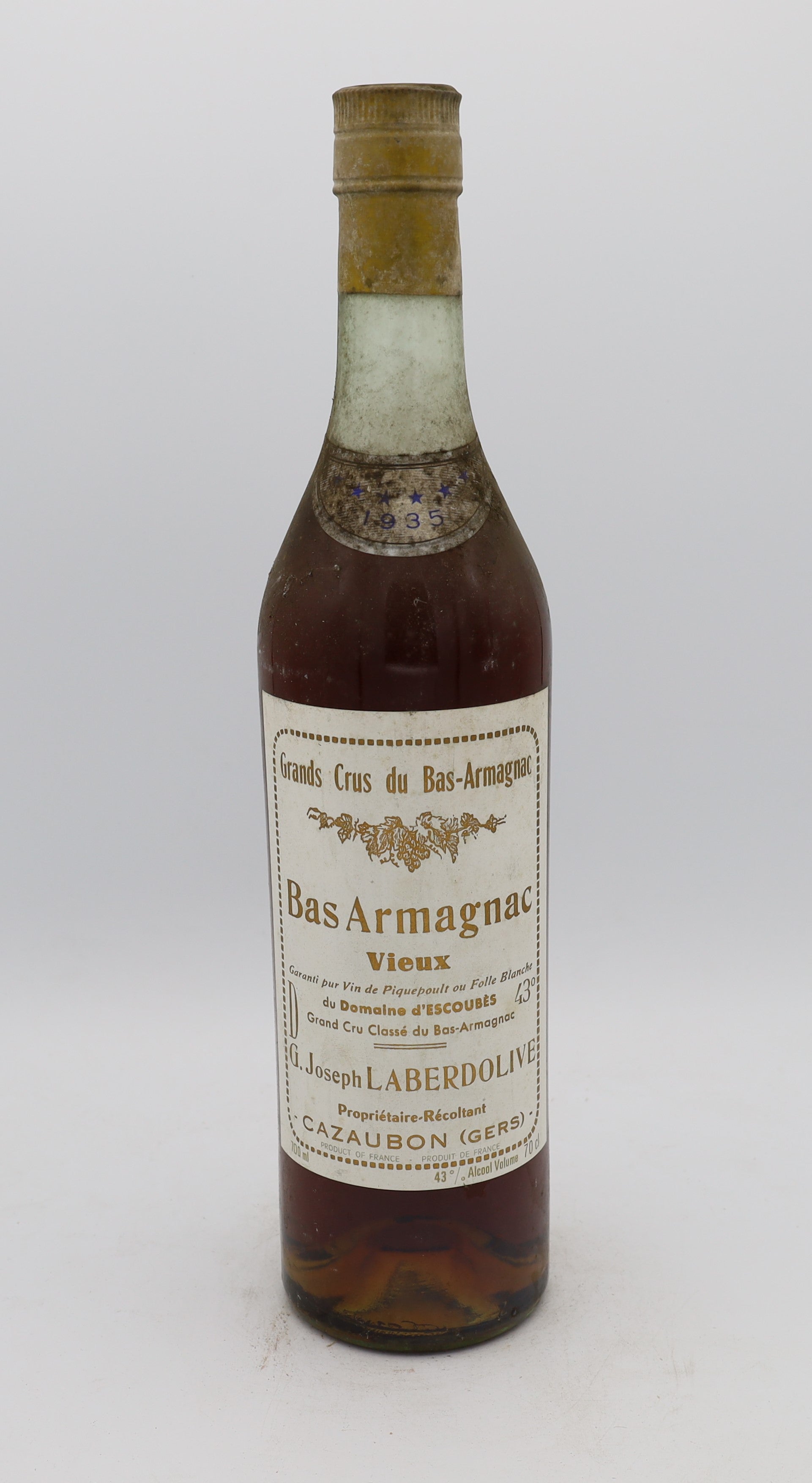 Laberdolive Bas-Armagnac 1935 Vintage – exceptionally rare vintage brandy with rich, complex flavors, perfect for collectors.