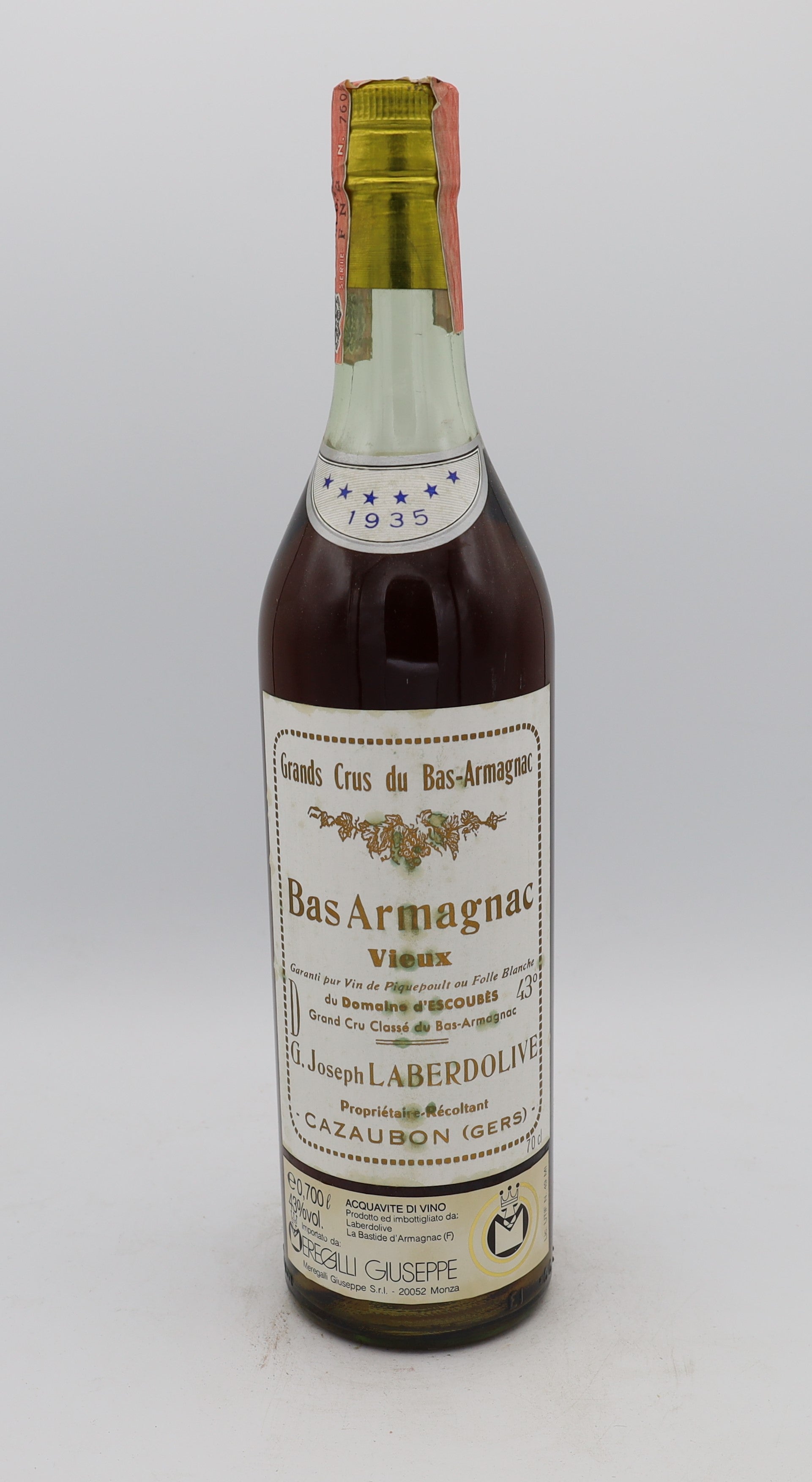 Laberdolive Bas-Armagnac 1935 Vintage – exceptionally rare vintage brandy with rich, complex flavors, perfect for collectors.