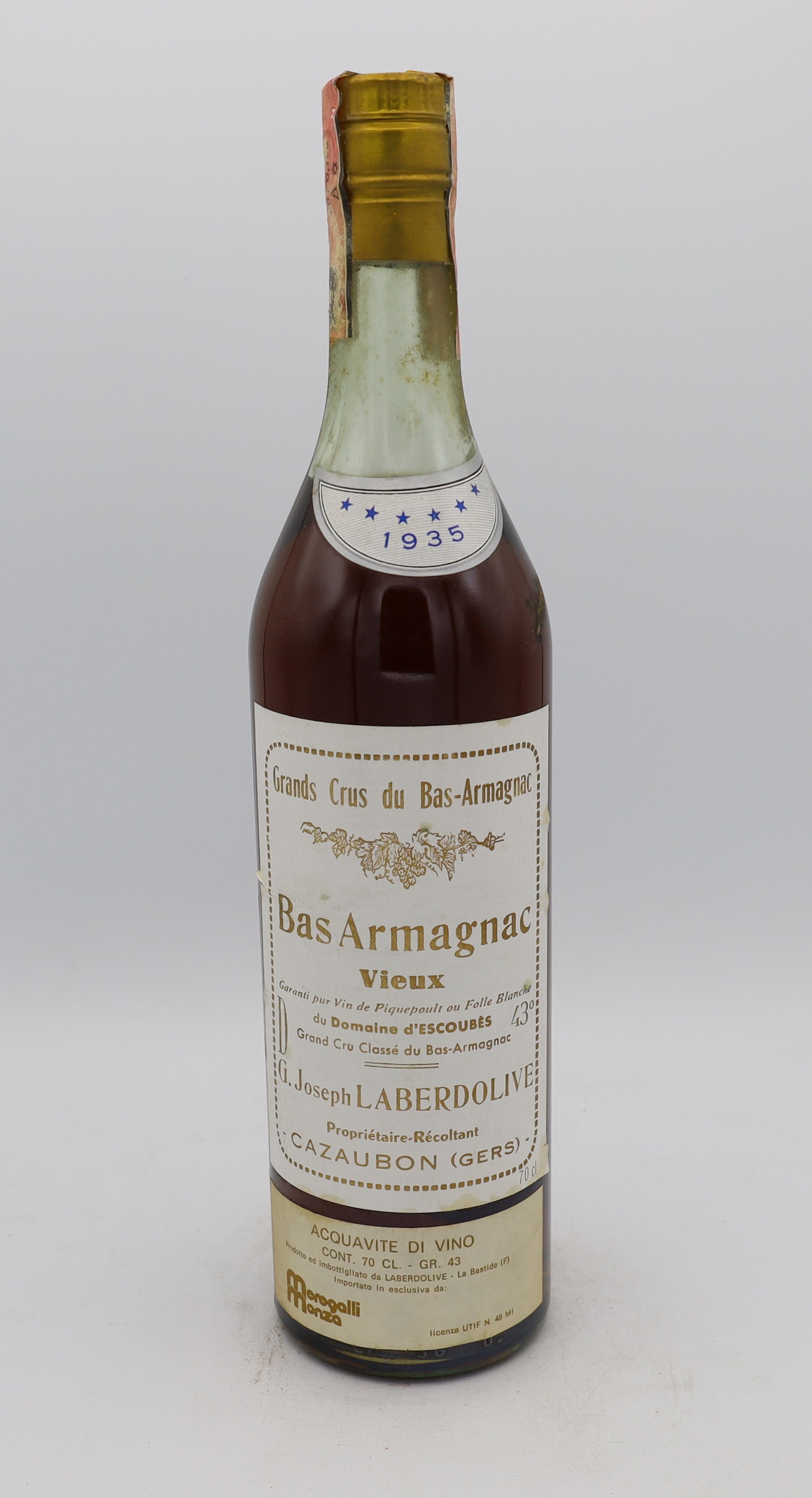 Laberdolive Bas-Armagnac 1935 Vintage – exceptionally rare vintage brandy with rich, complex flavors, perfect for collectors.