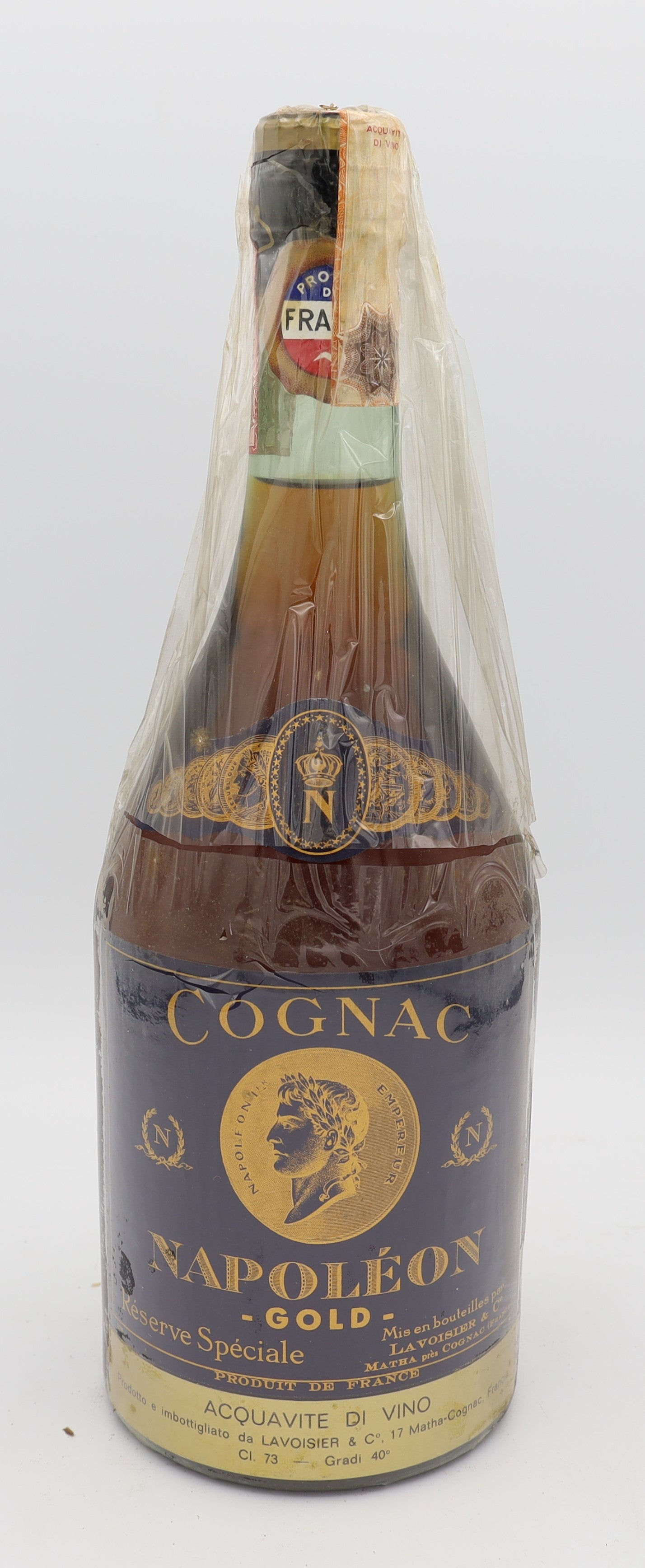 Lavoisier Cognac Napoleon Reserve – premium French brandy with rich amber color, smooth and refined flavors, presented in a classic bottle with blue and gold label.