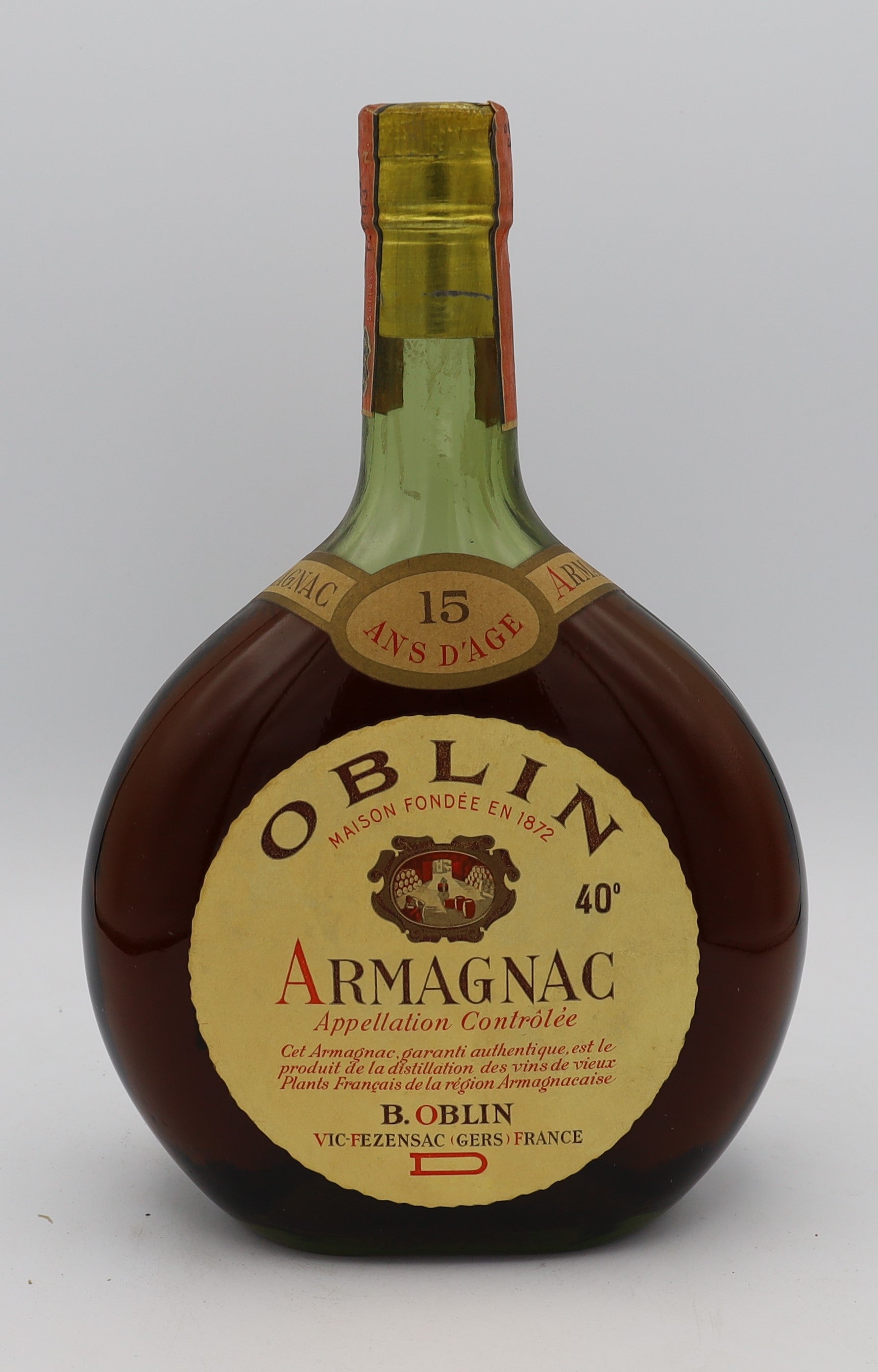 Oblin Armagnac 15 Ans d’Âge in green bottle – premium aged brandy with rich, smooth flavors, ideal for collectors and connoisseurs.