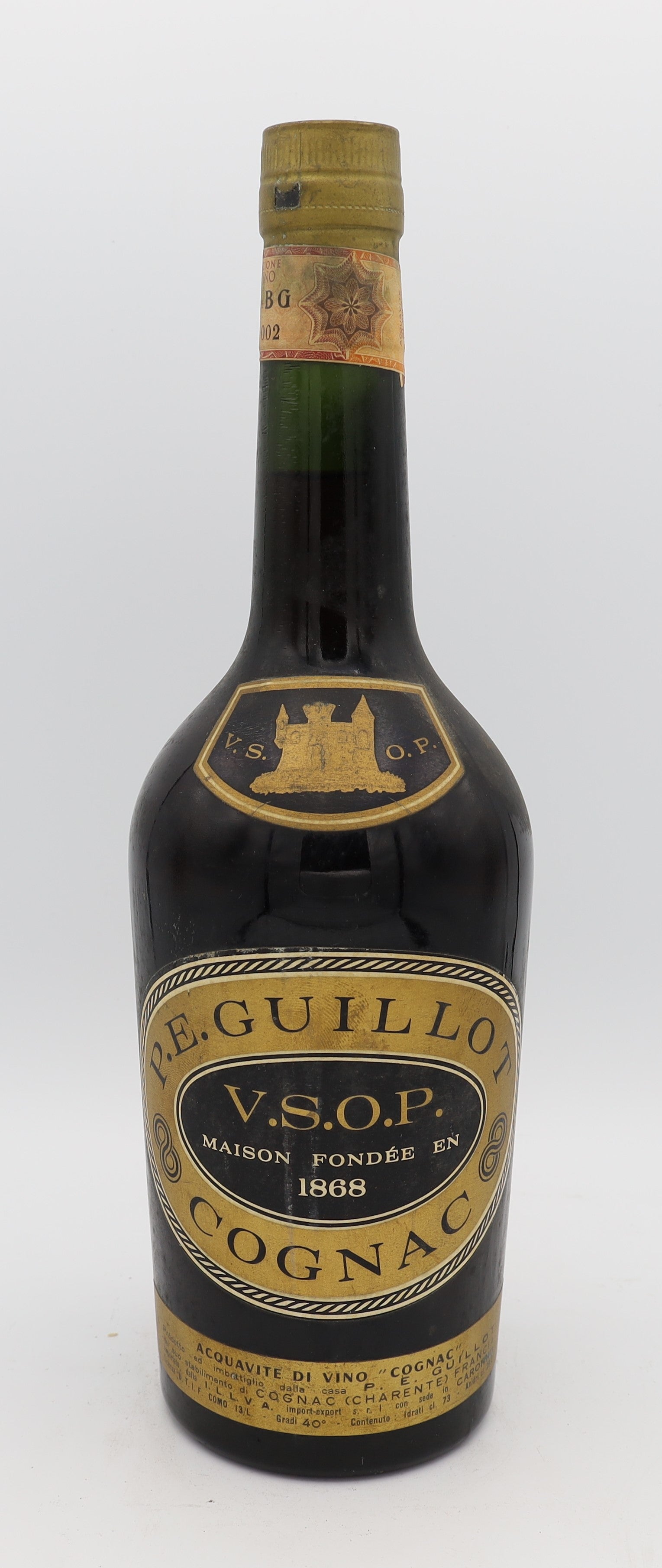 P.E. Guillot VSOP Cognac – premium French brandy crafted from Fine Champagne eaux-de-vie, featuring rich amber color, smooth and elegant flavors, ideal for collectors and connoisseurs.