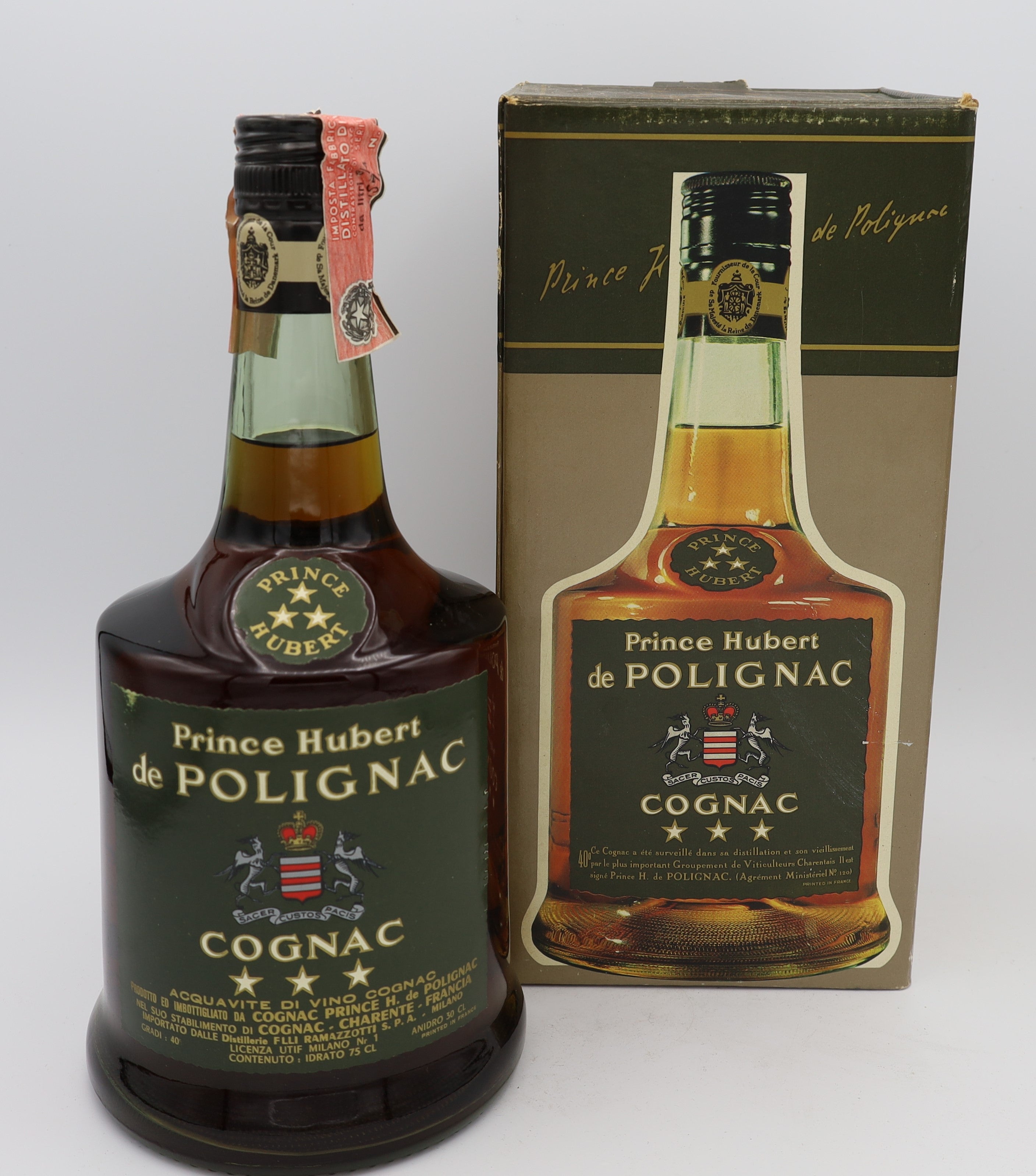 Prince Hubert 3 Stars Cognac Vintage 1970s – premium French brandy with rich amber color, smooth and balanced flavors, presented in a green label bottle, ideal for collectors and connoisseurs.