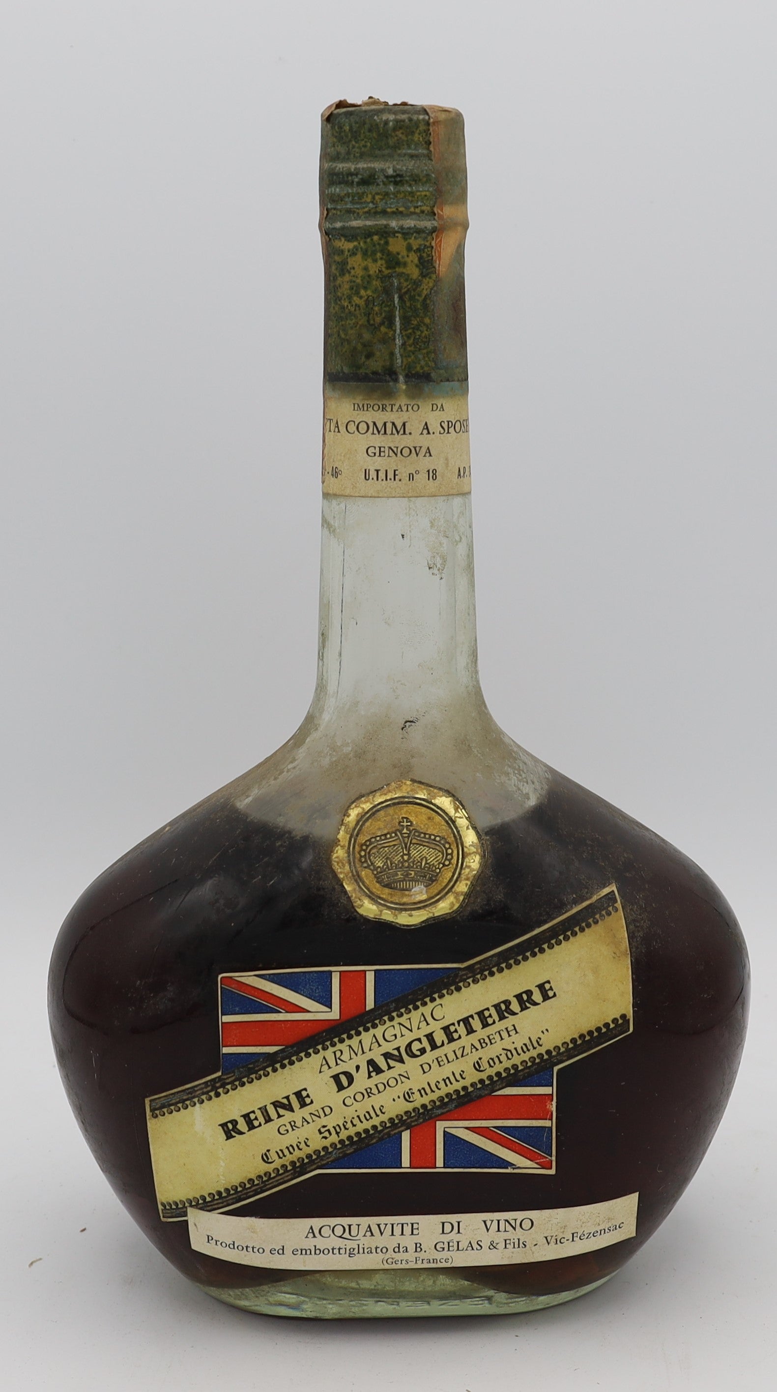 Reine D’Angleterre Armagnac Grand Cordon D’Elizabeth in tonic neck bottle – premium aged brandy with rich, smooth flavors, ideal for collectors and connoisseurs.