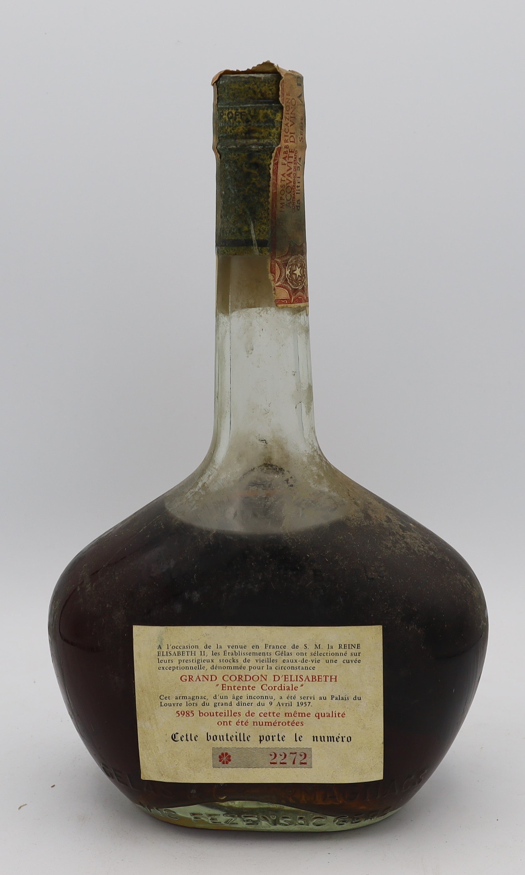 Reine D’Angleterre Armagnac Grand Cordon D’Elizabeth in tonic neck bottle – premium aged brandy with rich, smooth flavors, ideal for collectors and connoisseurs.