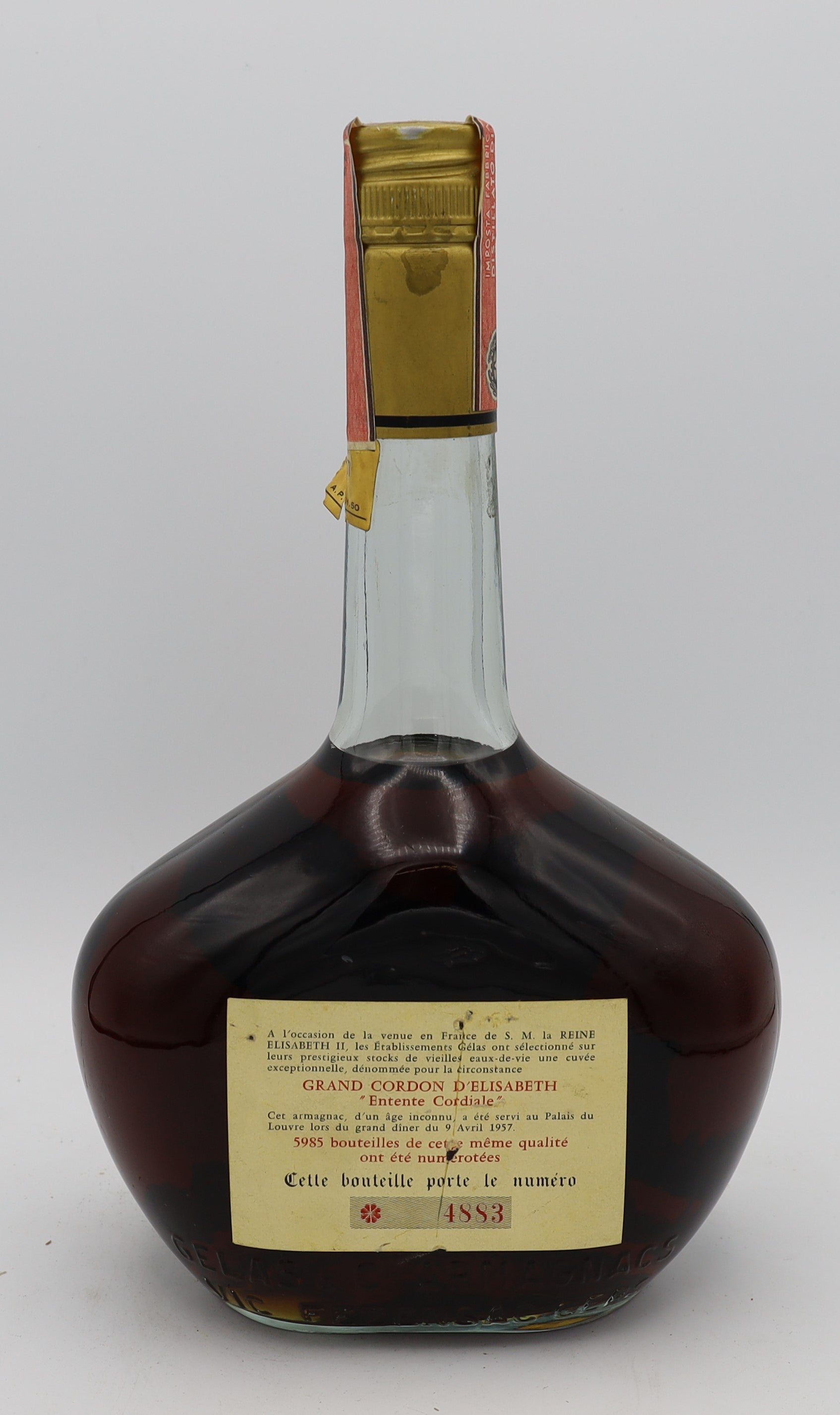 Reine D’Angleterre Armagnac Grand Cordon D’Elizabeth in tonic neck bottle – premium aged brandy with rich, smooth flavors, ideal for collectors and connoisseurs.
