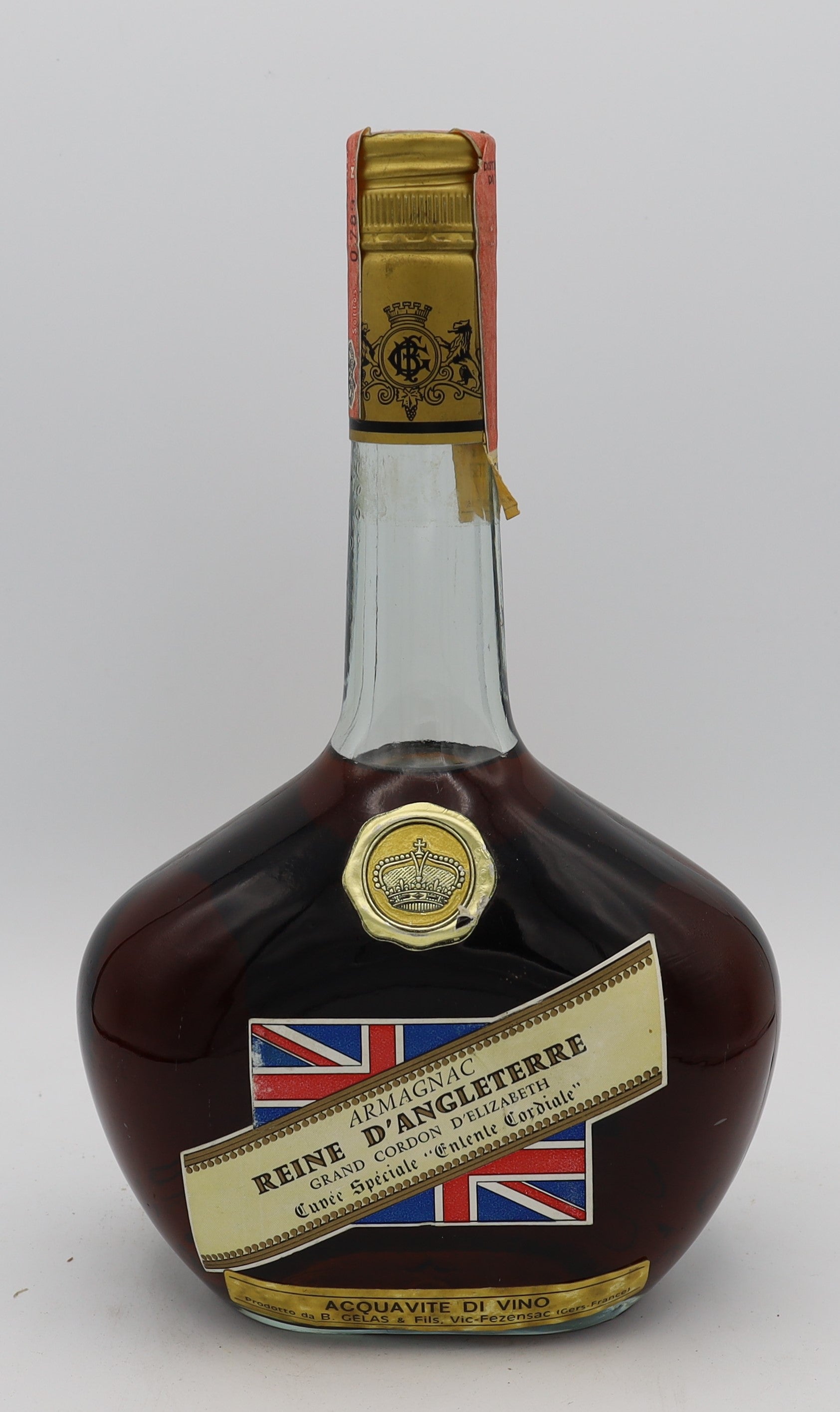 Reine D’Angleterre Armagnac Grand Cordon D’Elizabeth in tonic neck bottle – premium aged brandy with rich, smooth flavors, ideal for collectors and connoisseurs.