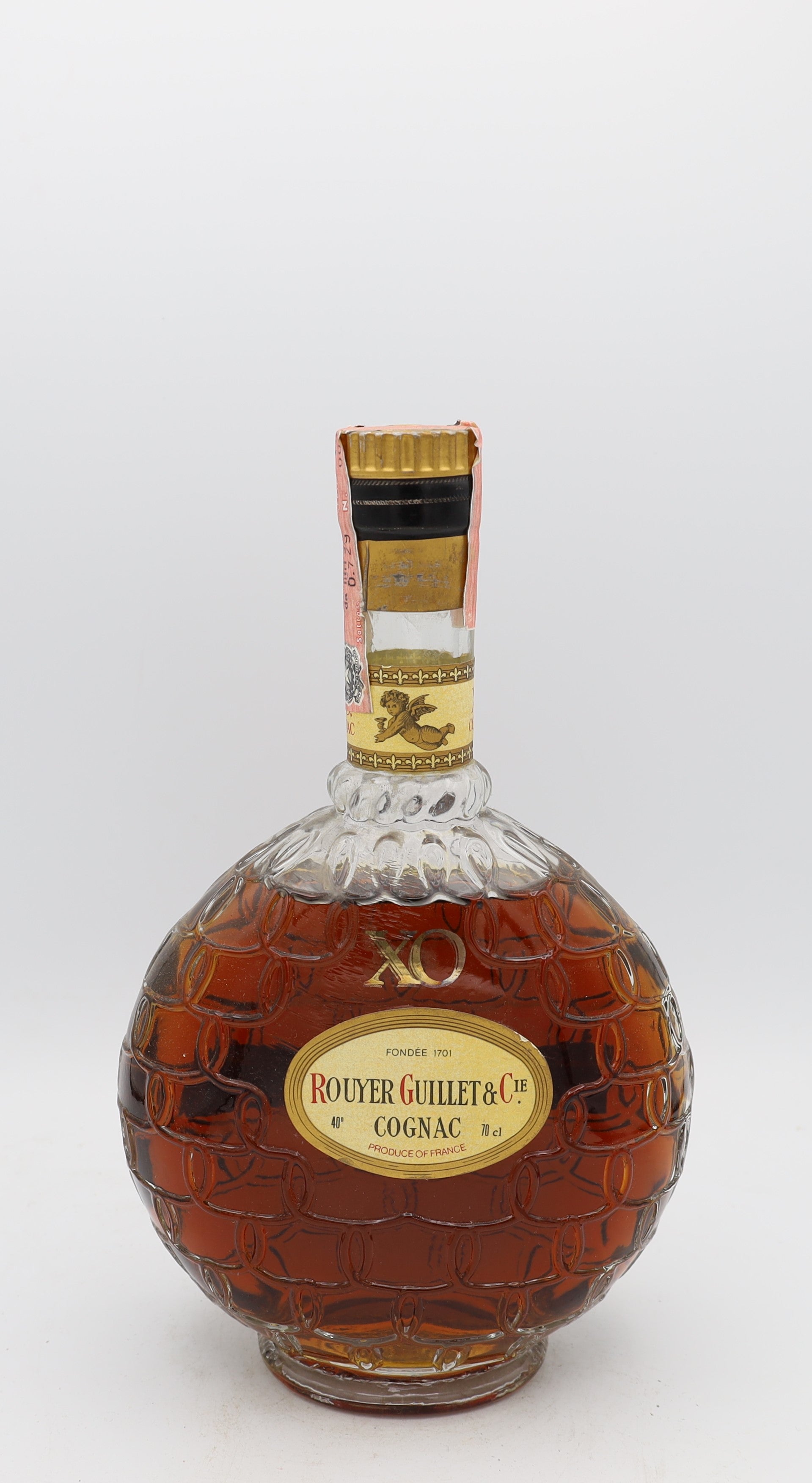 Rouyer Guillet XO Cognac decanter – rear view of premium French cognac bottle, elegant collectible design